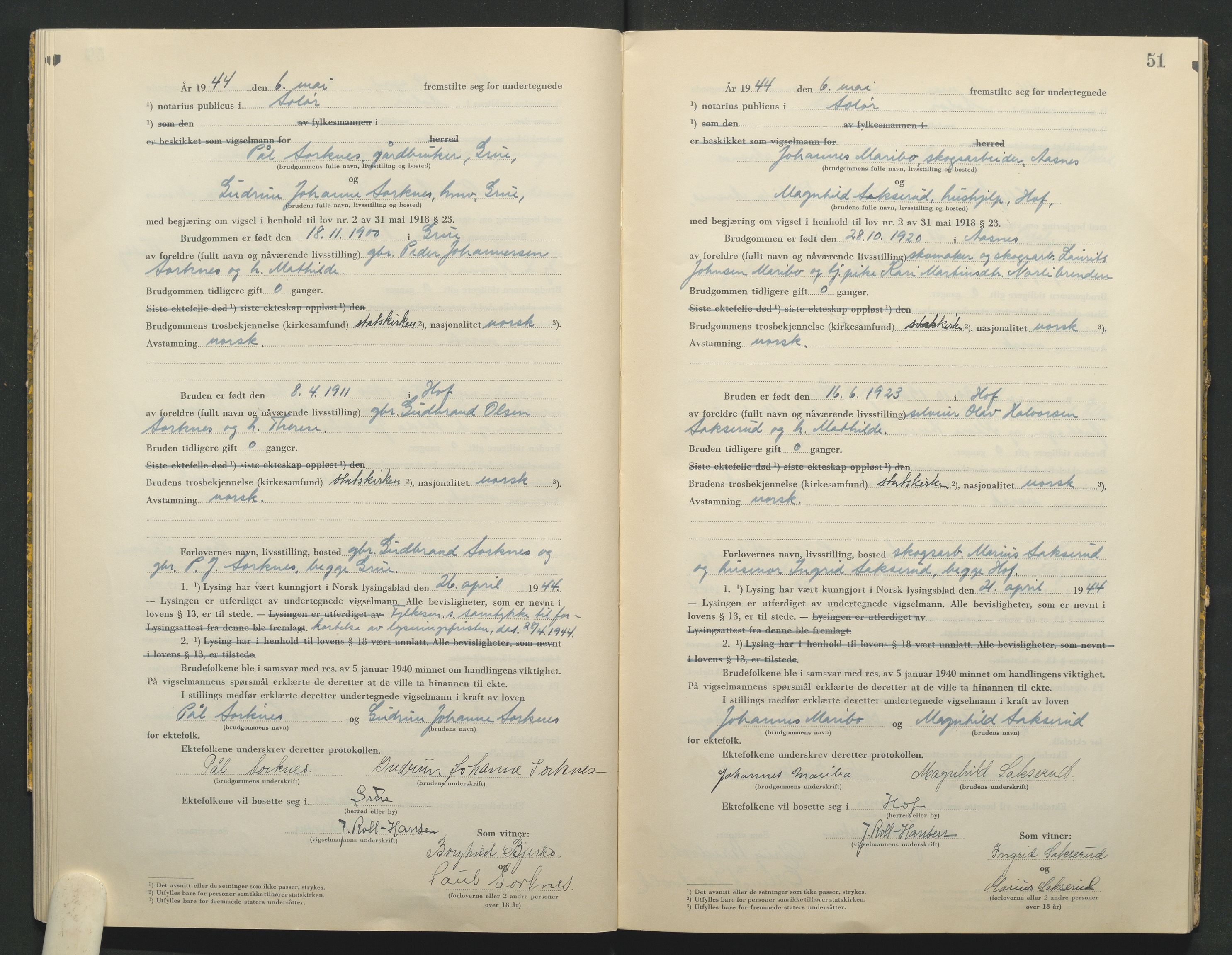 Solør tingrett, AV/SAH-TING-008/L/Lb/L0002: Vigselprotokoll, 1943-1944, p. 51
