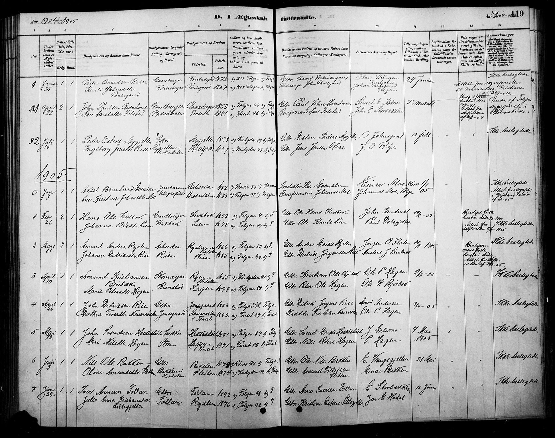 Tolga prestekontor, AV/SAH-PREST-062/L/L0007: Parish register (copy) no. 7, 1878-1919, p. 119