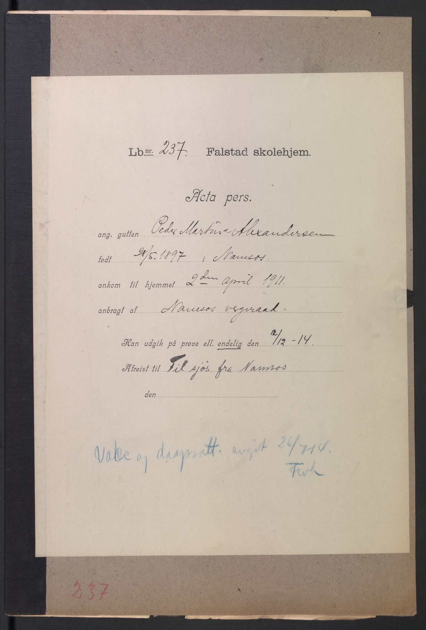 Falstad skolehjem, AV/RA-S-1676/E/Eb/L0010: Elevmapper løpenr. 210-239, 1910-1917, p. 409