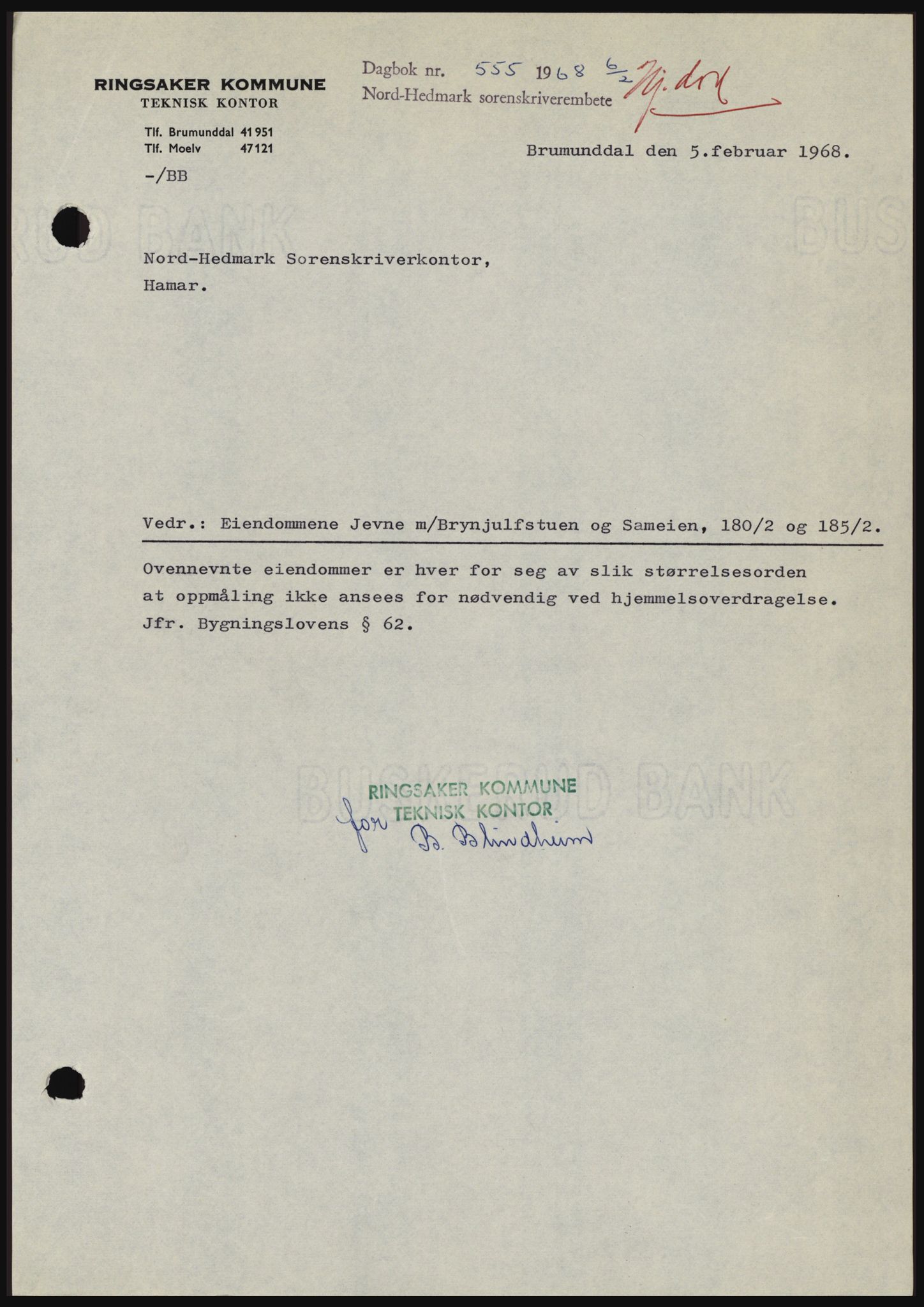 Nord-Hedmark sorenskriveri, SAH/TING-012/H/Hc/L0027: Mortgage book no. 27, 1967-1968, Diary no: : 555/1968