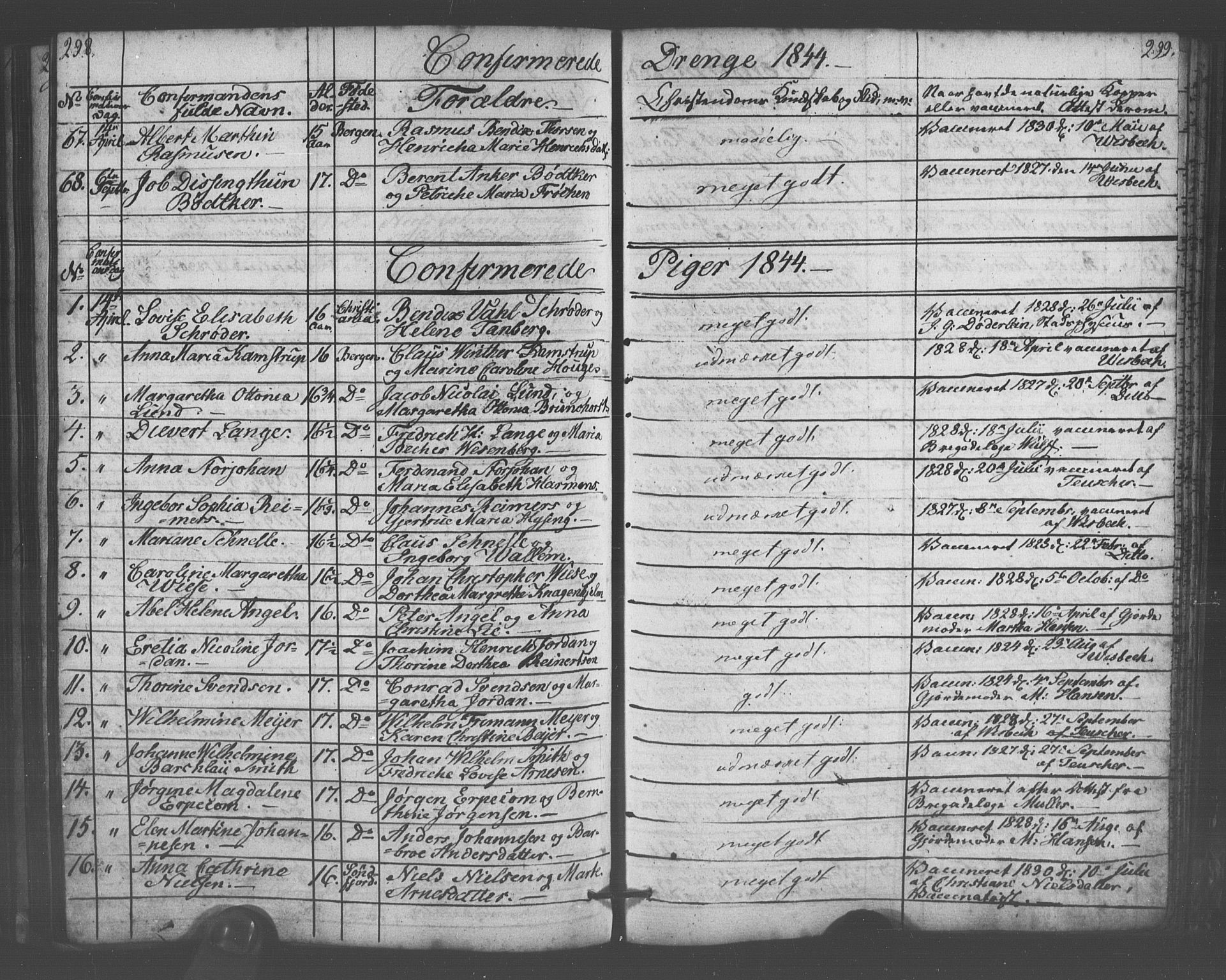 Domkirken sokneprestembete, AV/SAB-A-74801/H/Haa/L0063: Curate's parish register no. A 1, 1821-1848, p. 298-299