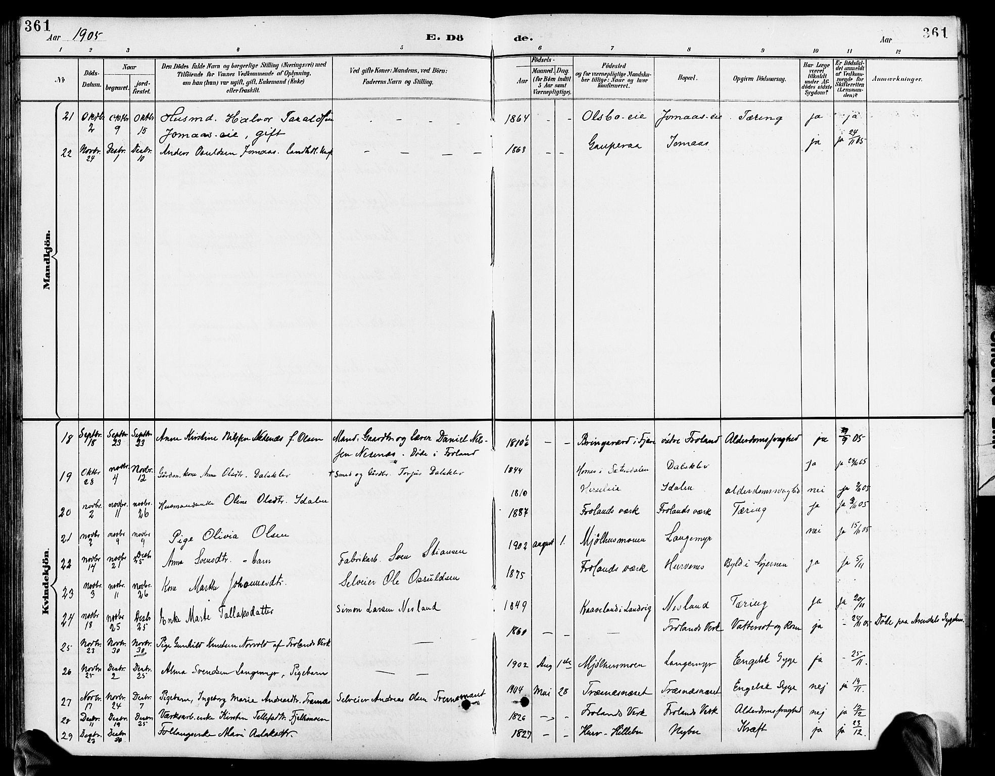 Froland sokneprestkontor, SAK/1111-0013/F/Fb/L0010: Parish register (copy) no. B 10, 1893-1920, p. 361