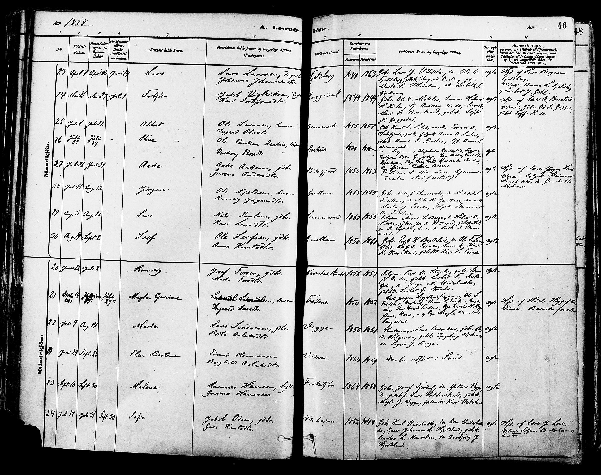 Suldal sokneprestkontor, AV/SAST-A-101845/01/IV/L0011: Parish register (official) no. A 11, 1878-1900, p. 46