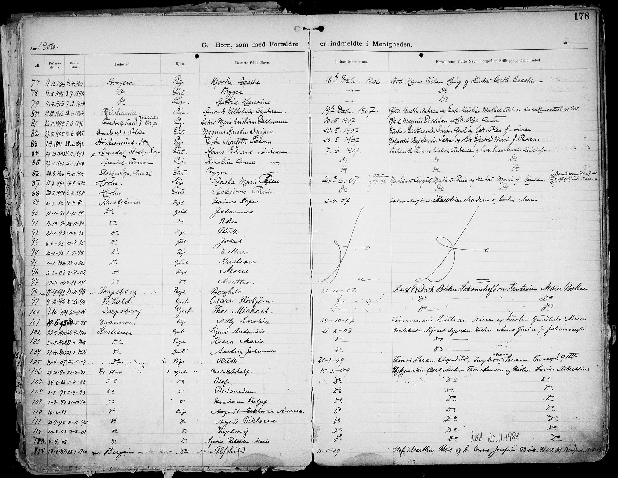 Første Metodistkirke Oslo -  menighetsprotokoller, SAO/PAO-0067/F/L0004: Dissenter register no. 4, 1892-1927, p. 178