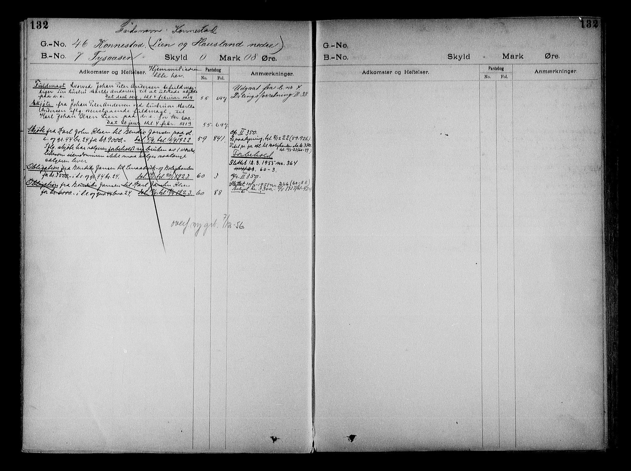 Vestre Nedenes/Sand sorenskriveri, SAK/1221-0010/G/Ga/L0022: Mortgage register no. 15, 1899-1957, p. 132