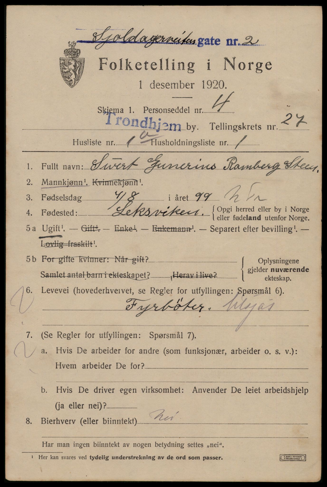 SAT, 1920 census for Trondheim, 1920, p. 69746