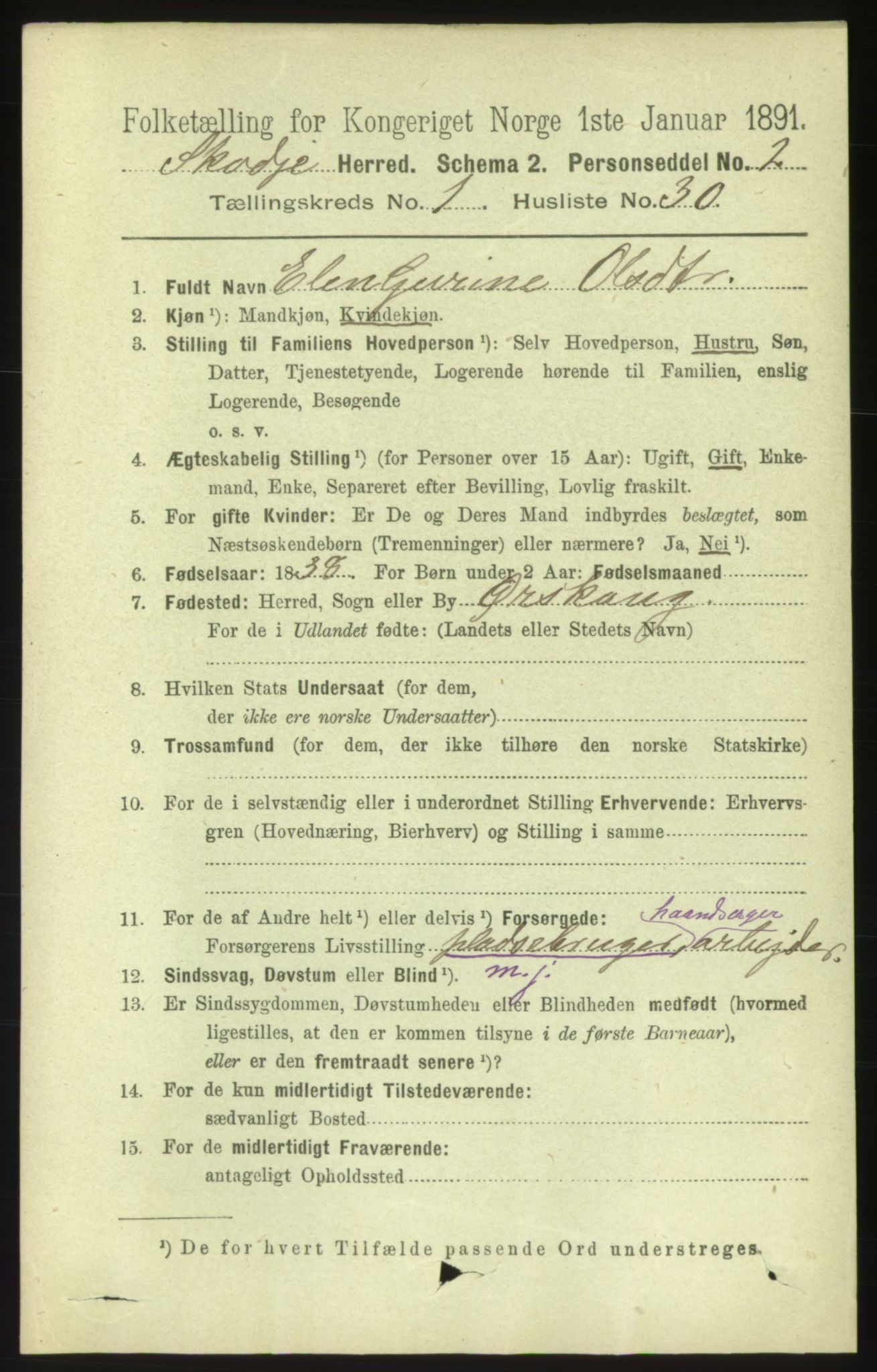 RA, 1891 census for 1529 Skodje, 1891, p. 242