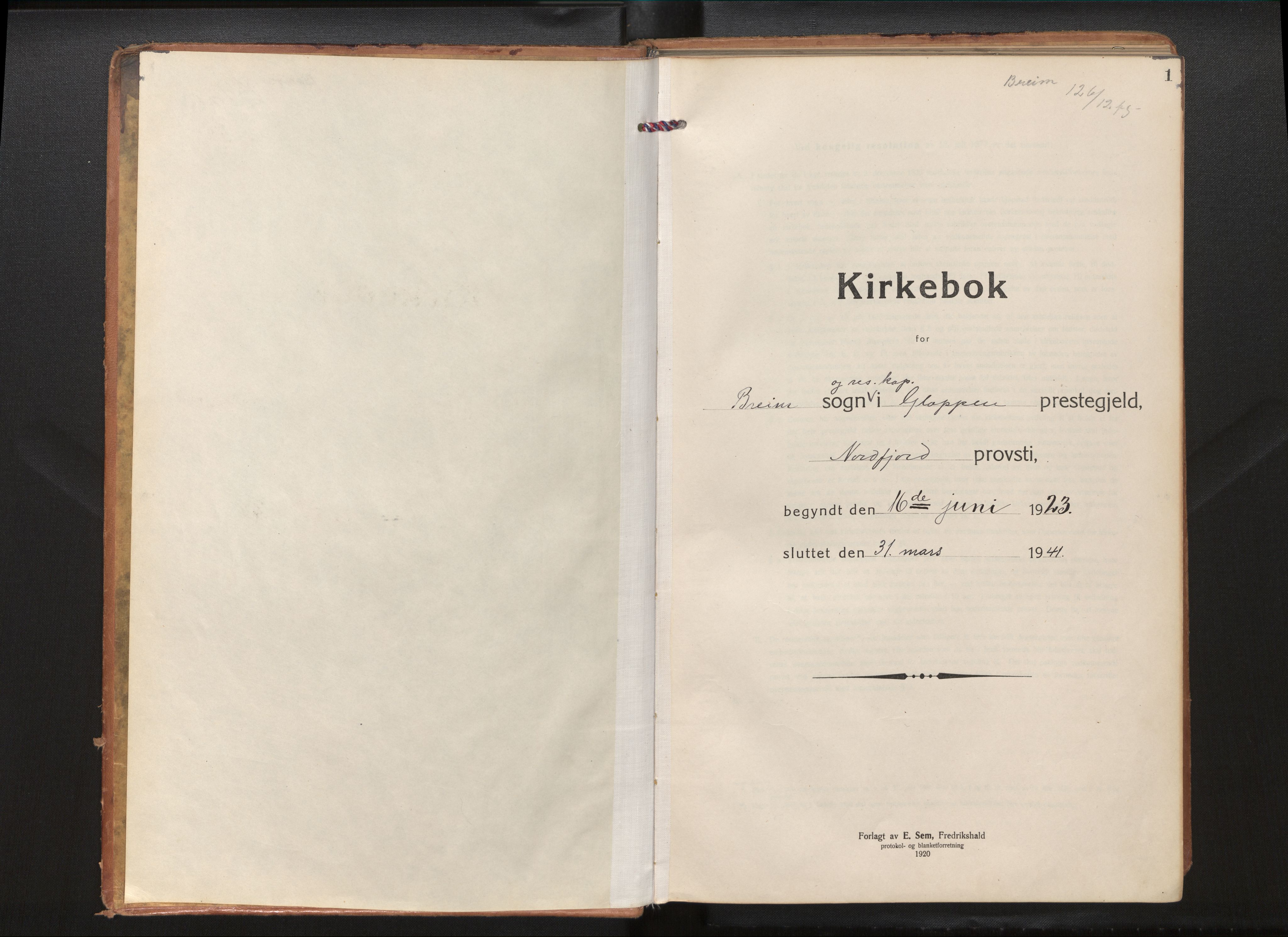 Gloppen sokneprestembete, SAB/A-80101/H/Hac/L0005: Curate's parish register no. A 5, 1923-1941, p. 1a
