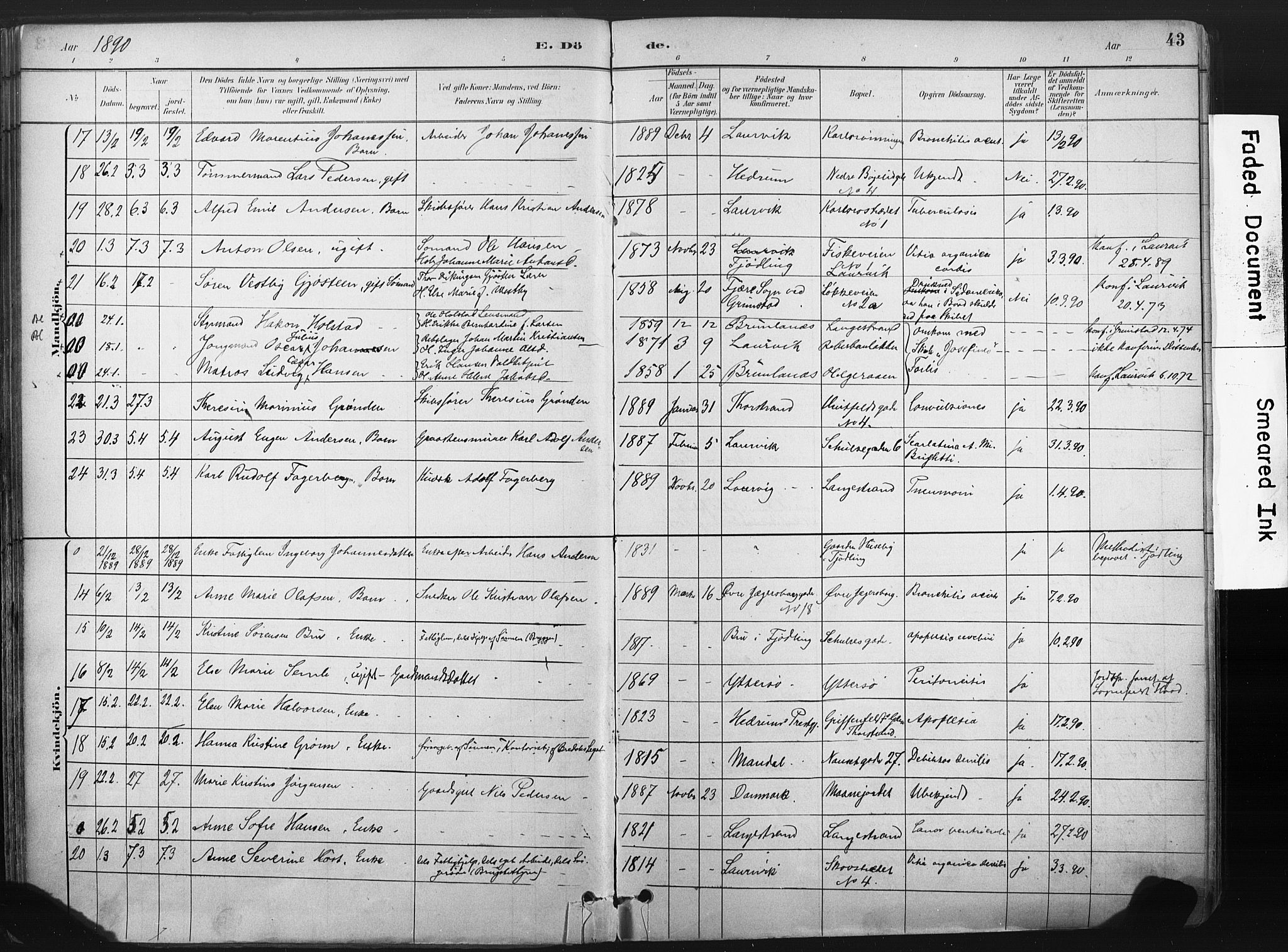 Larvik kirkebøker, AV/SAKO-A-352/F/Fa/L0010: Parish register (official) no. I 10, 1884-1910, p. 43