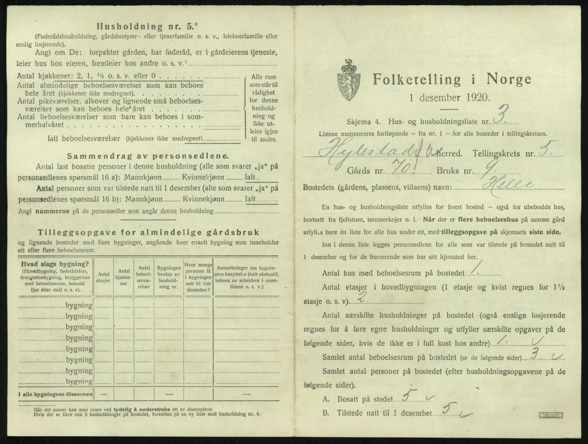 SAK, 1920 census for Hylestad, 1920, p. 240