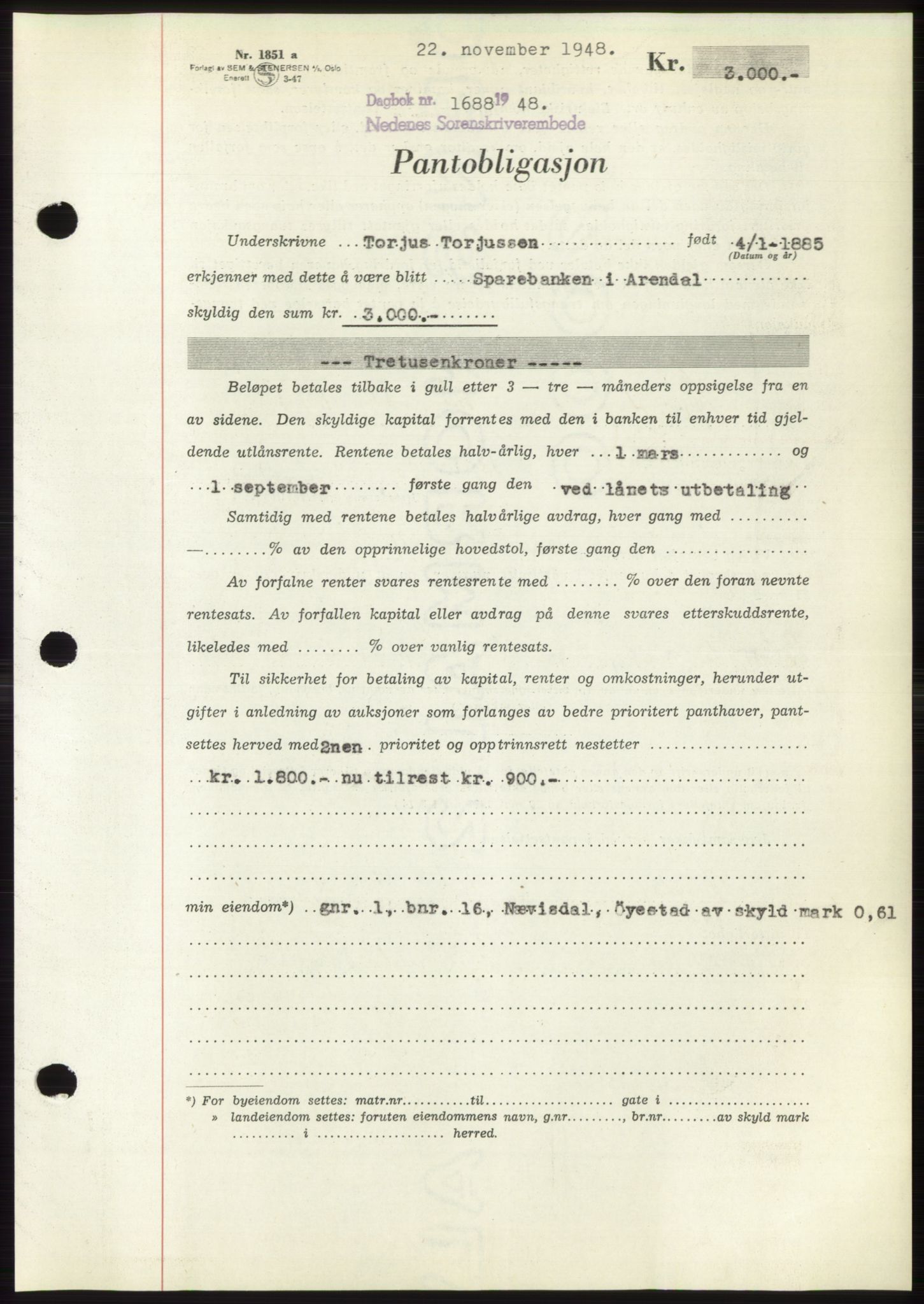 Nedenes sorenskriveri, AV/SAK-1221-0006/G/Gb/Gbb/L0005: Mortgage book no. B5, 1948-1948, Diary no: : 1688/1948