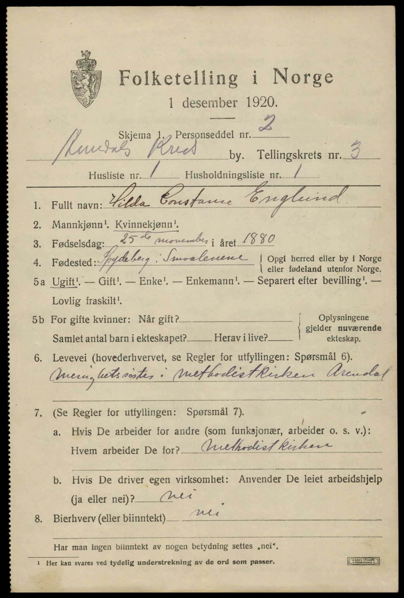 SAK, 1920 census for Arendal, 1920, p. 10788