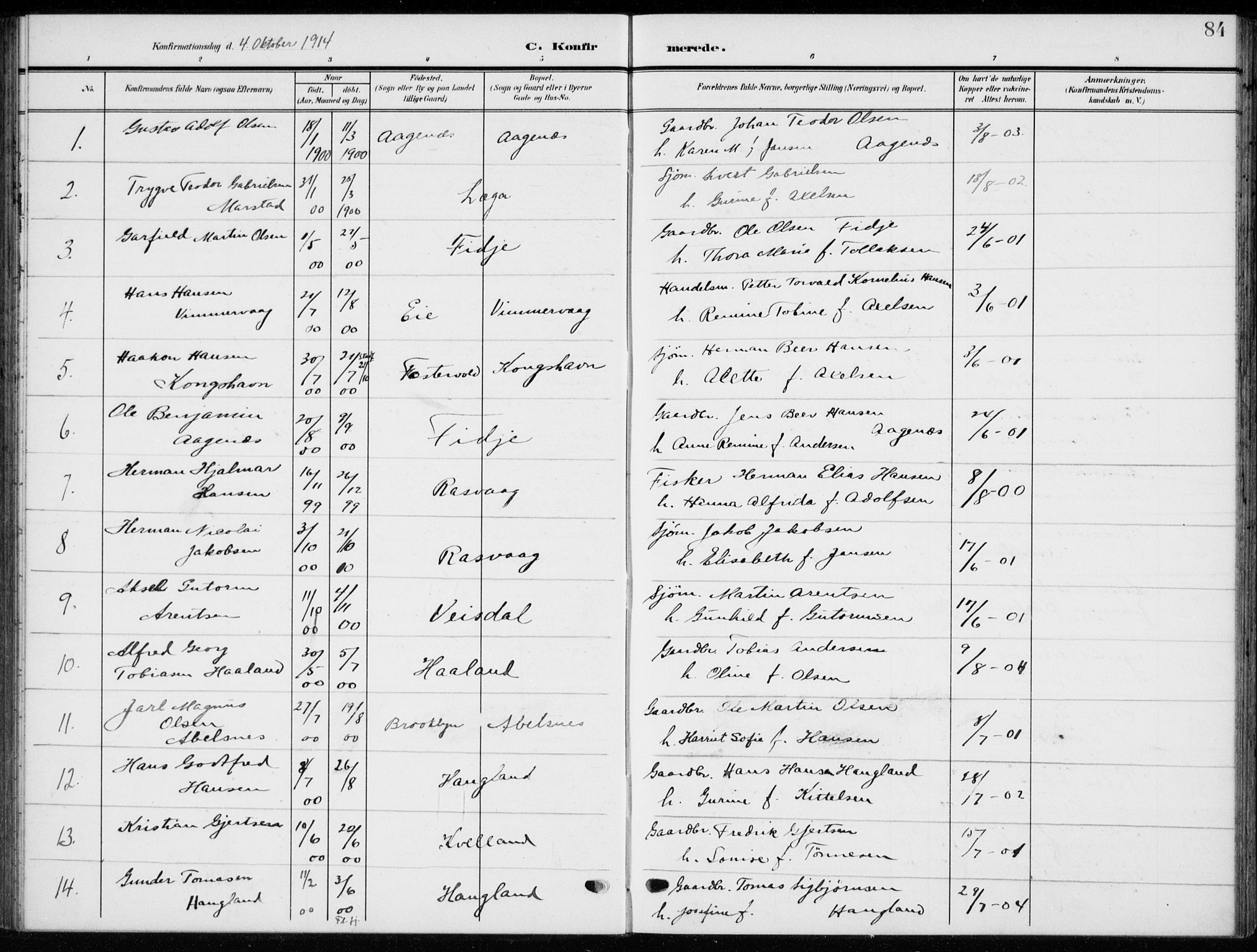 Flekkefjord sokneprestkontor, AV/SAK-1111-0012/F/Fb/Fbb/L0005: Parish register (copy) no. B 5, 1908-1927, p. 84