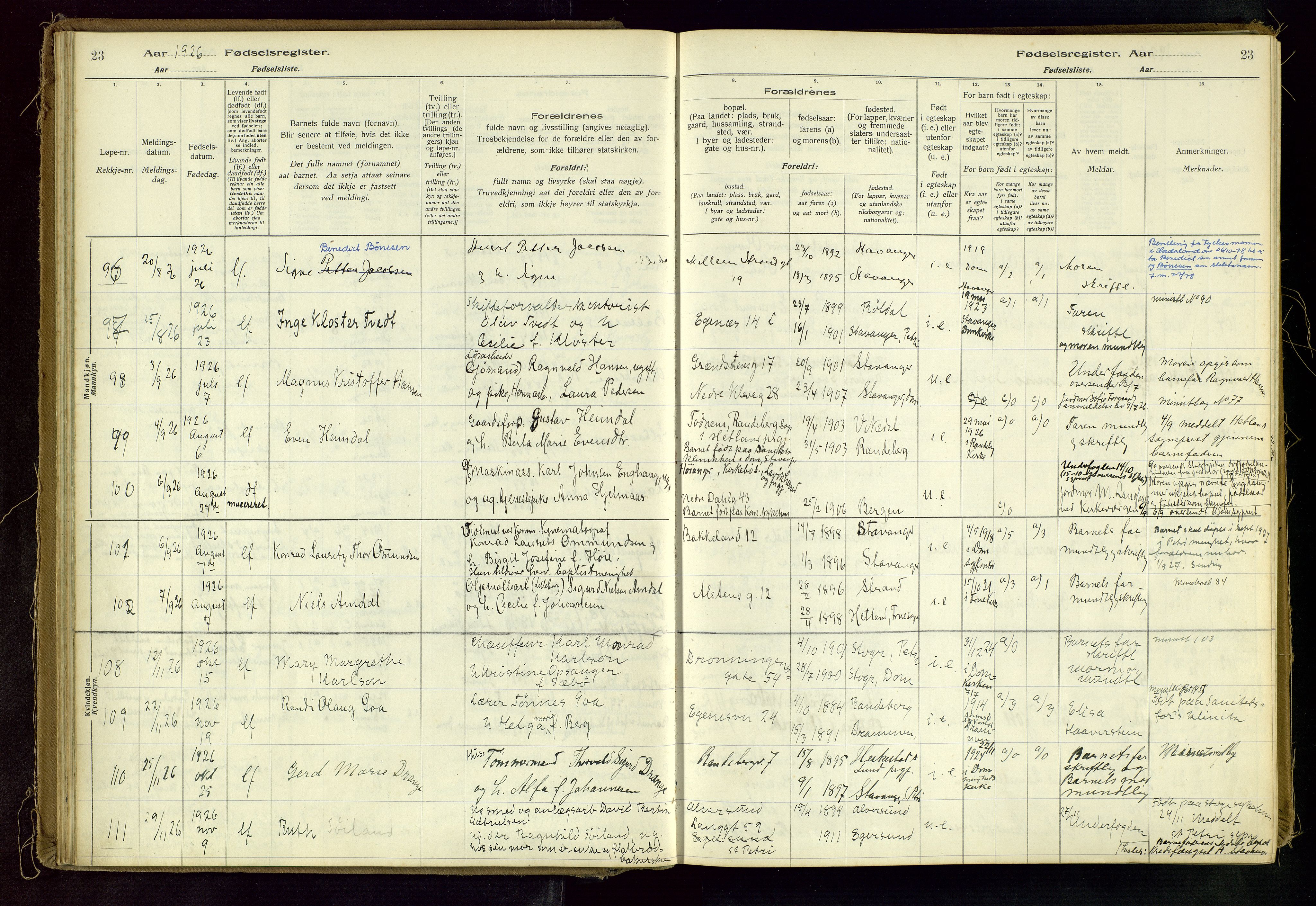 Domkirken sokneprestkontor, AV/SAST-A-101812/002/A/L0001: Birth register no. 1, 1925-1932, p. 23