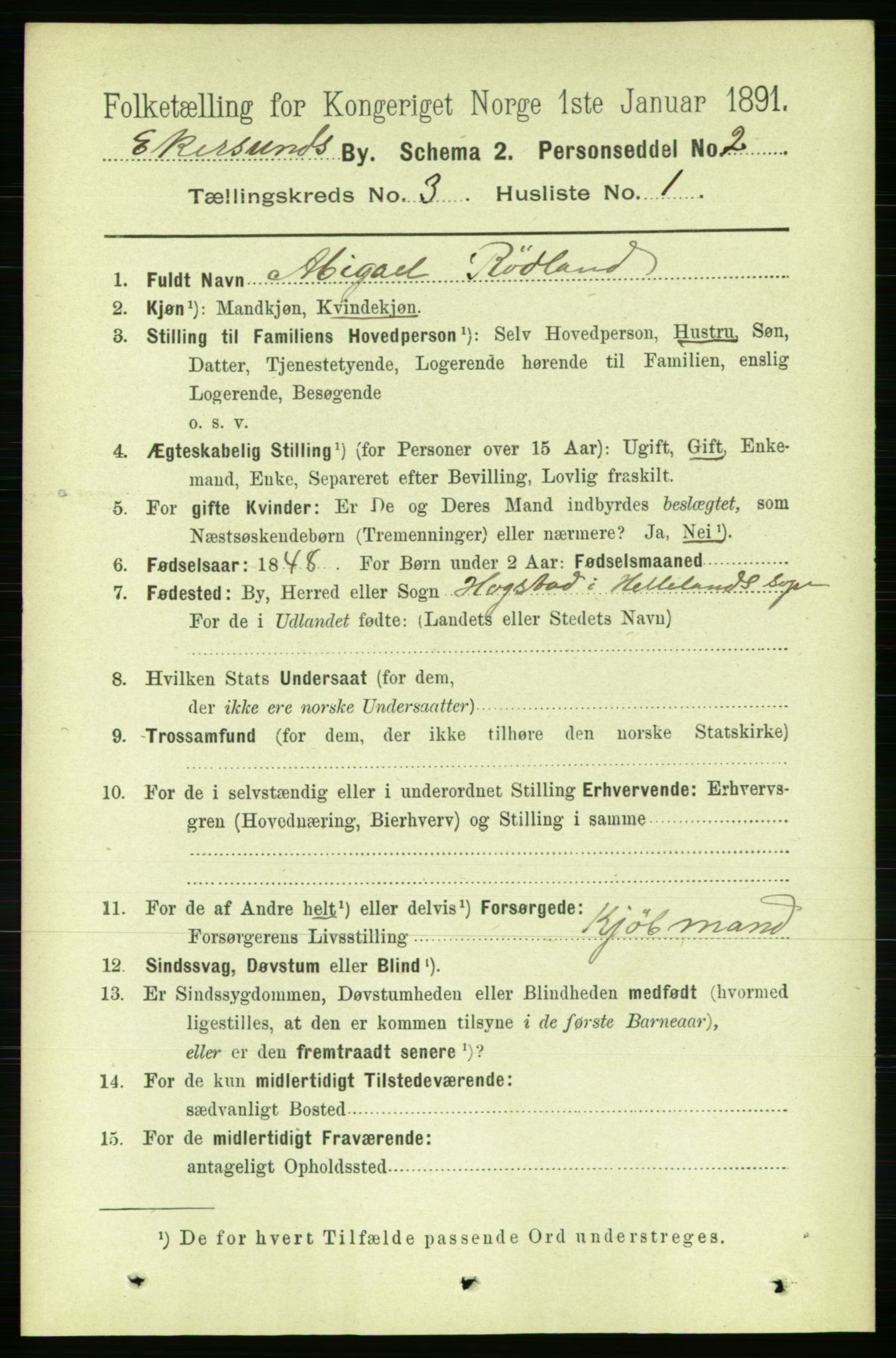 RA, 1891 census for 1101 Egersund, 1891, p. 405