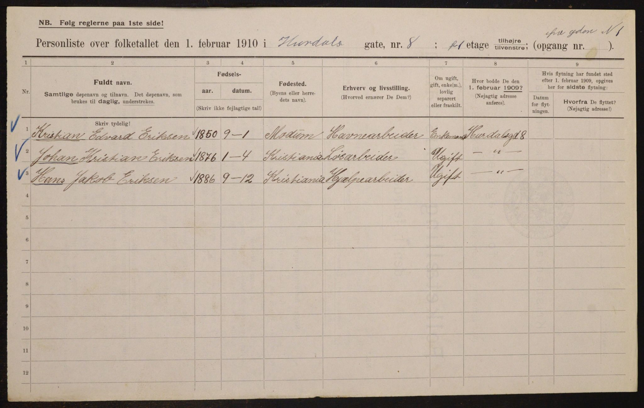 OBA, Municipal Census 1910 for Kristiania, 1910, p. 41442