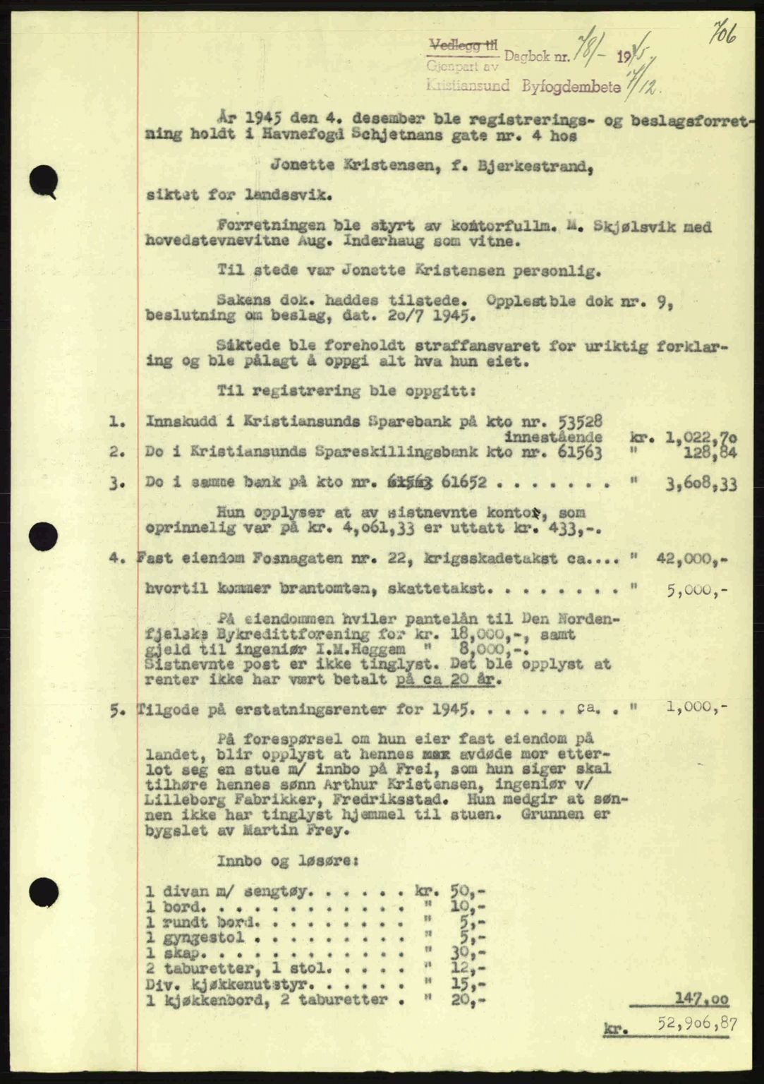 Kristiansund byfogd, SAT/A-4587/A/27: Mortgage book no. 37-38, 1943-1945, Diary no: : 781/1945