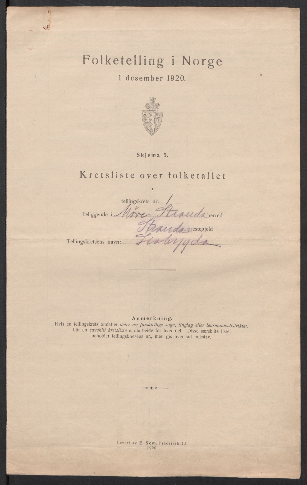 SAT, 1920 census for Stranda, 1920, p. 5