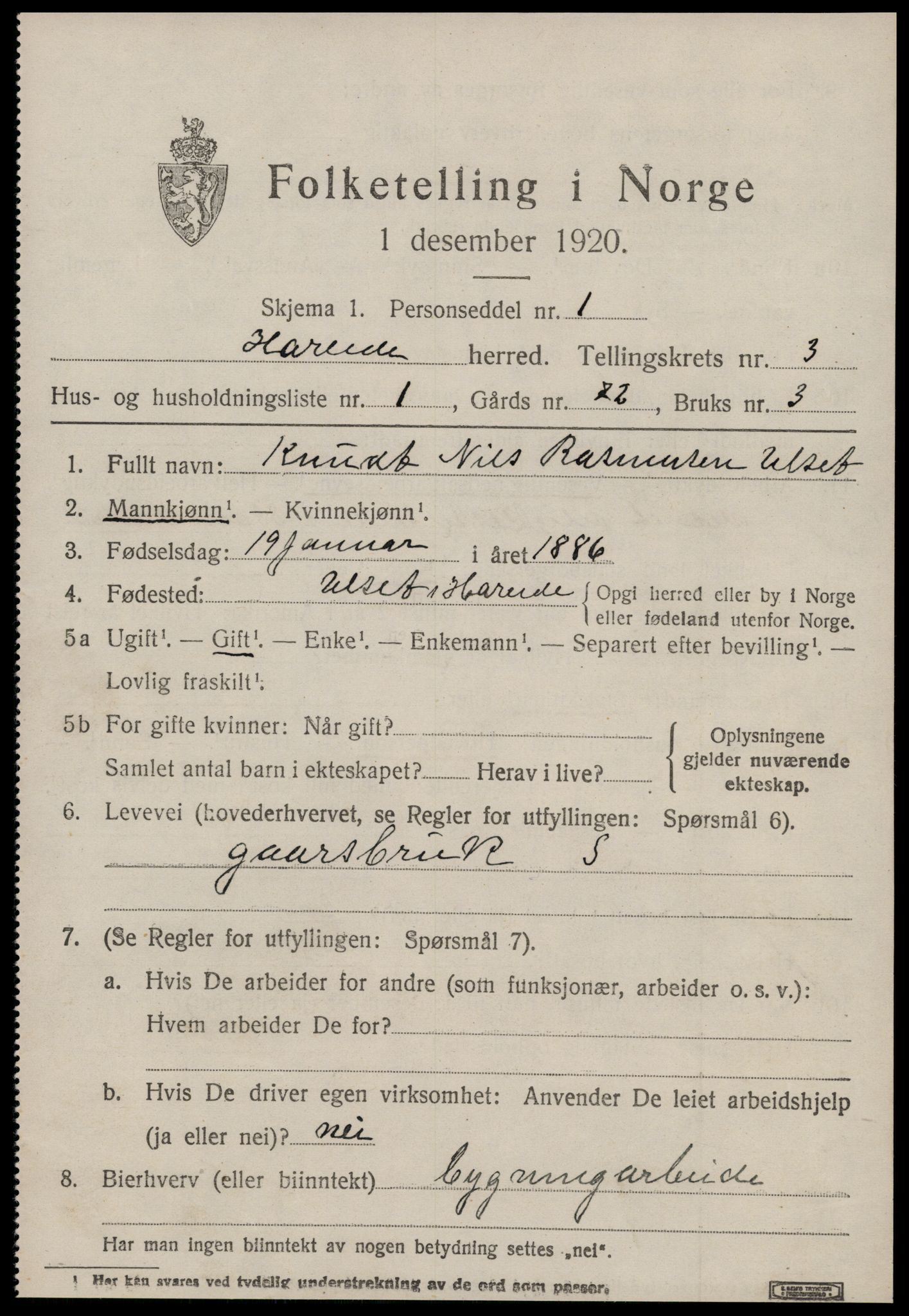 SAT, 1920 census for Hareid, 1920, p. 1387