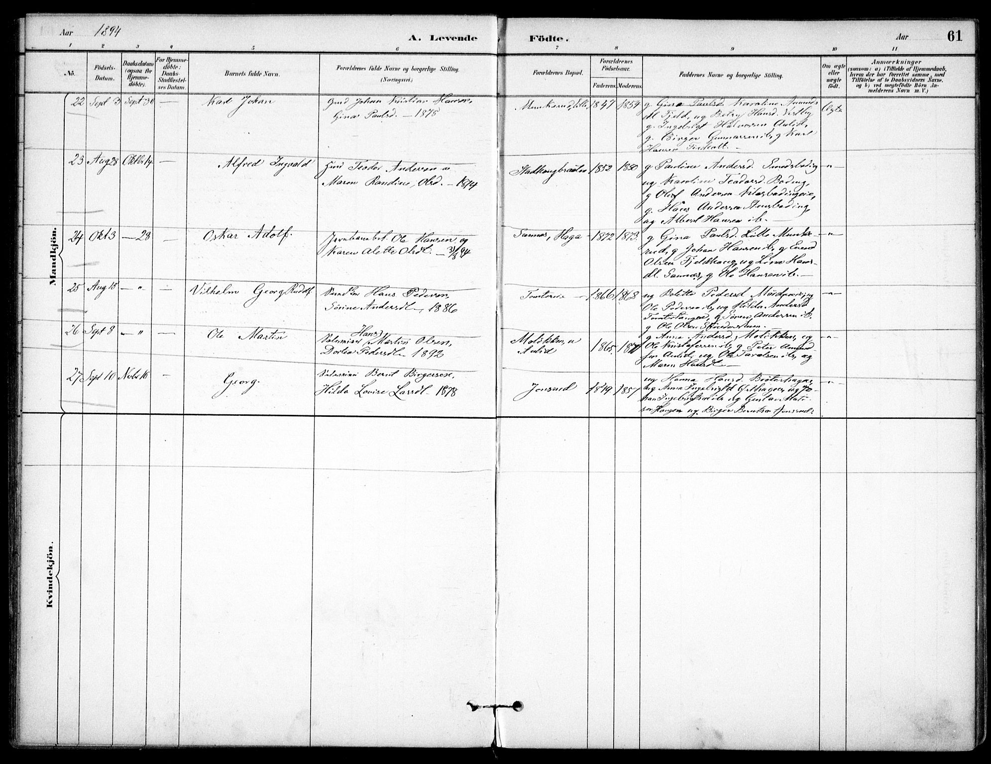 Nes prestekontor Kirkebøker, AV/SAO-A-10410/F/Fc/L0002: Parish register (official) no. IIi 2, 1882-1916, p. 61