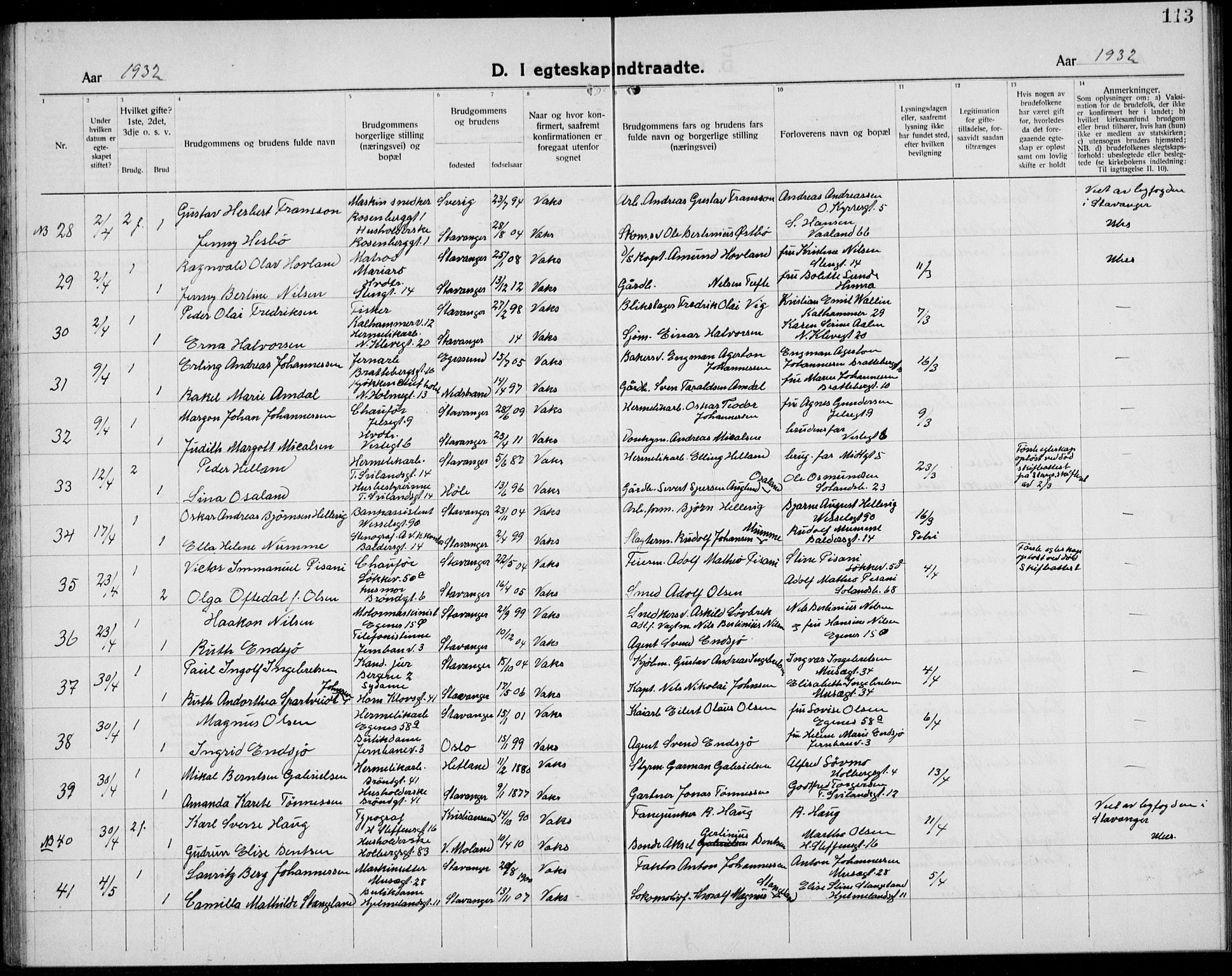 Domkirken sokneprestkontor, AV/SAST-A-101812/001/30/30BB/L0020: Parish register (copy) no. B 20, 1921-1937, p. 113