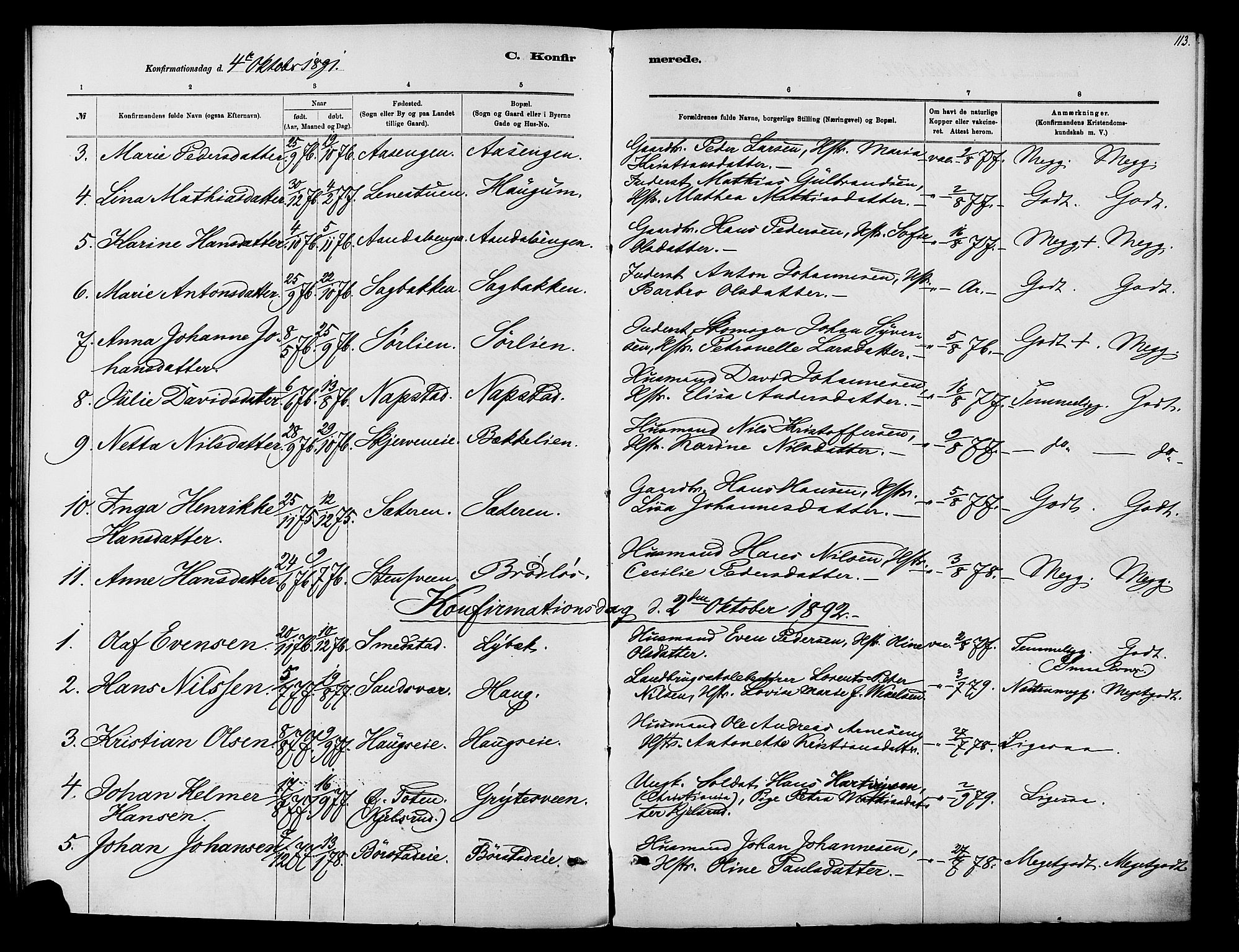 Vardal prestekontor, SAH/PREST-100/H/Ha/Haa/L0010: Parish register (official) no. 10, 1878-1893, p. 113