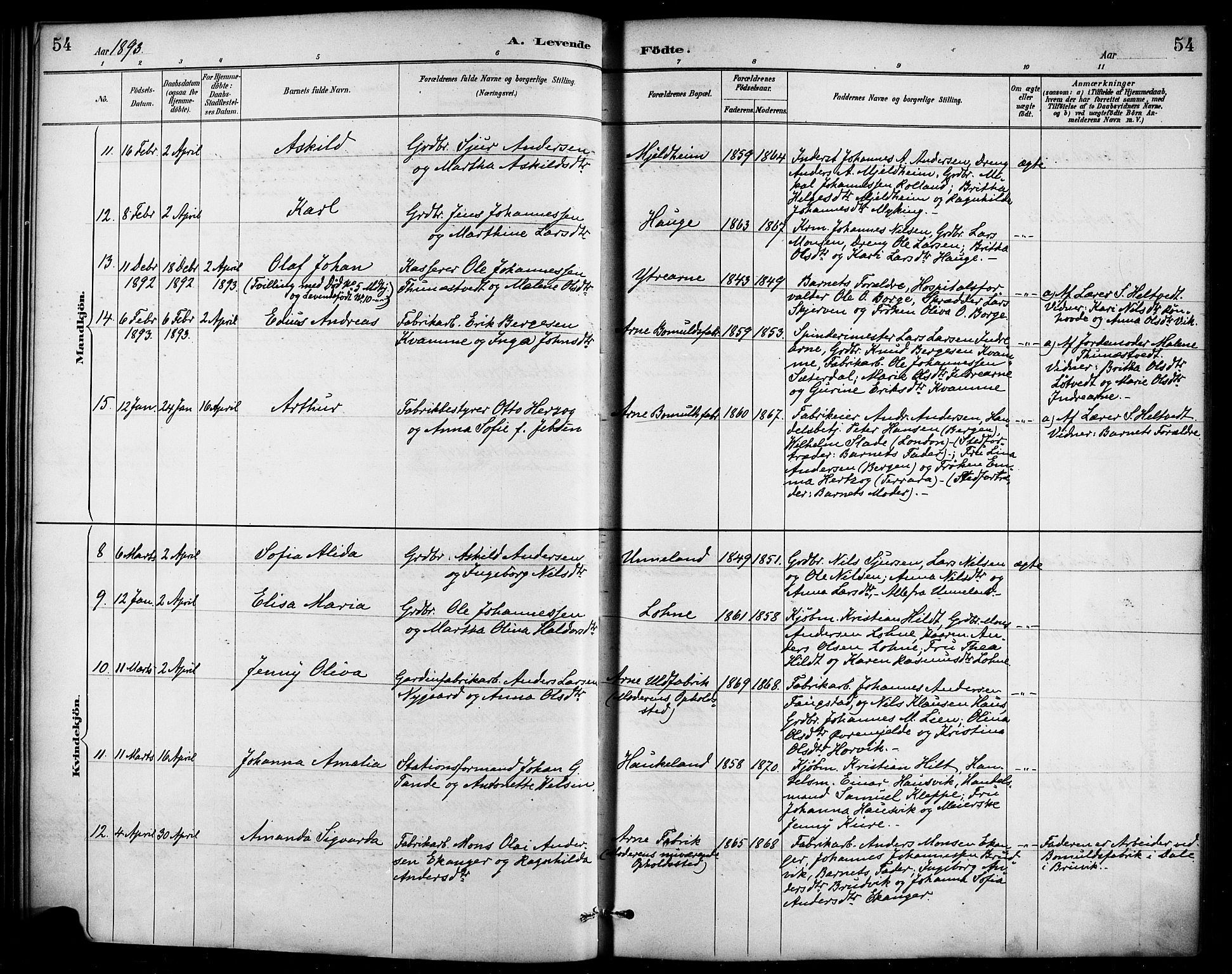 Haus sokneprestembete, SAB/A-75601/H/Haa/Haad/L0001: Parish register (official) no. D 1, 1887-1898, p. 54