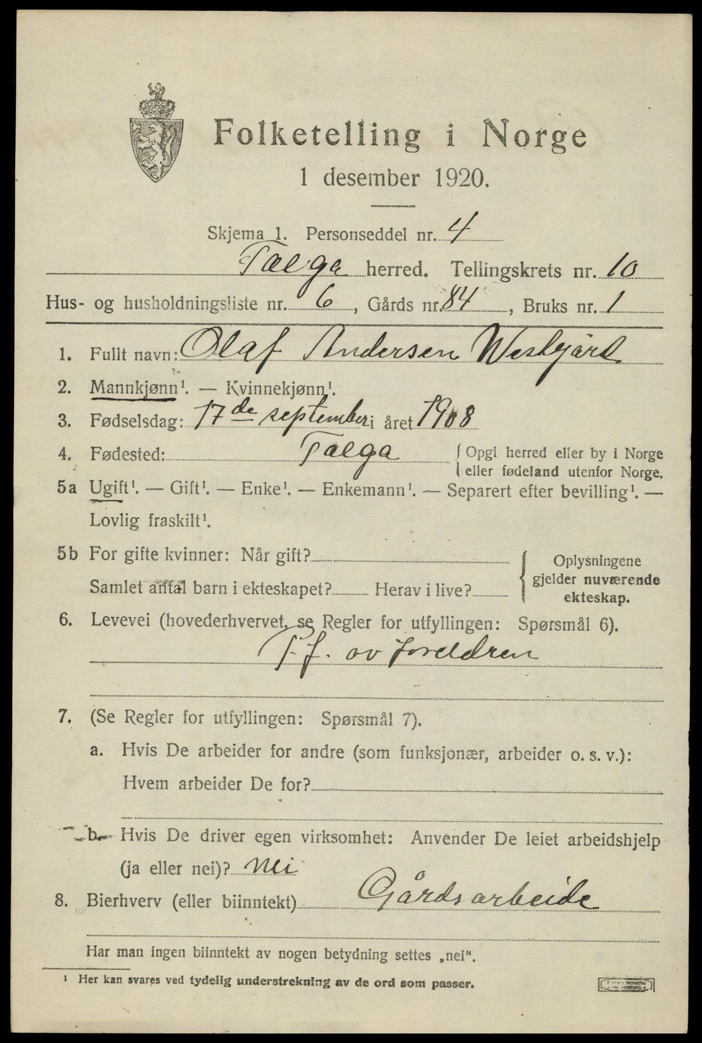 SAH, 1920 census for Tolga, 1920, p. 4957