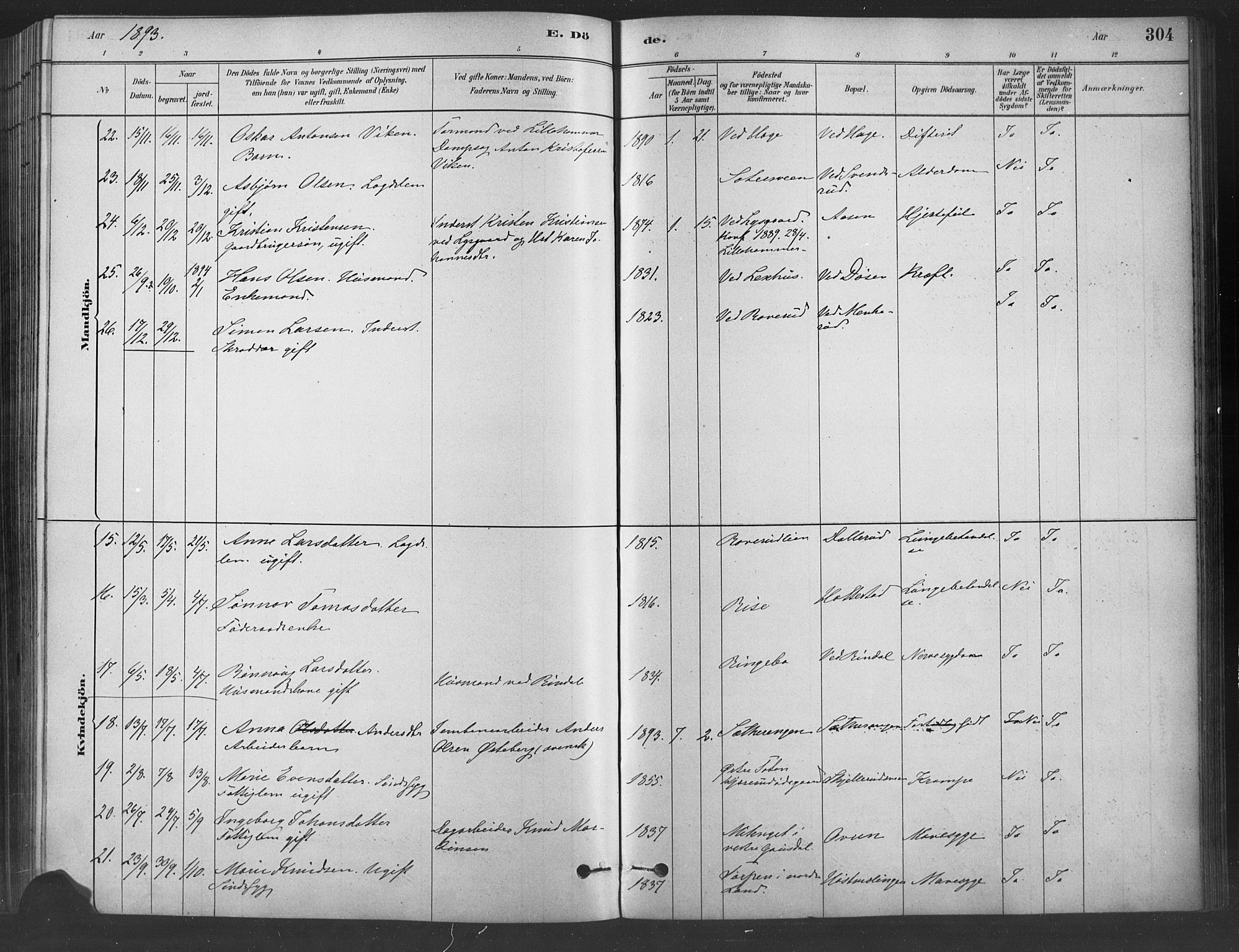 Fåberg prestekontor, SAH/PREST-086/H/Ha/Haa/L0009: Parish register (official) no. 9, 1879-1898, p. 304