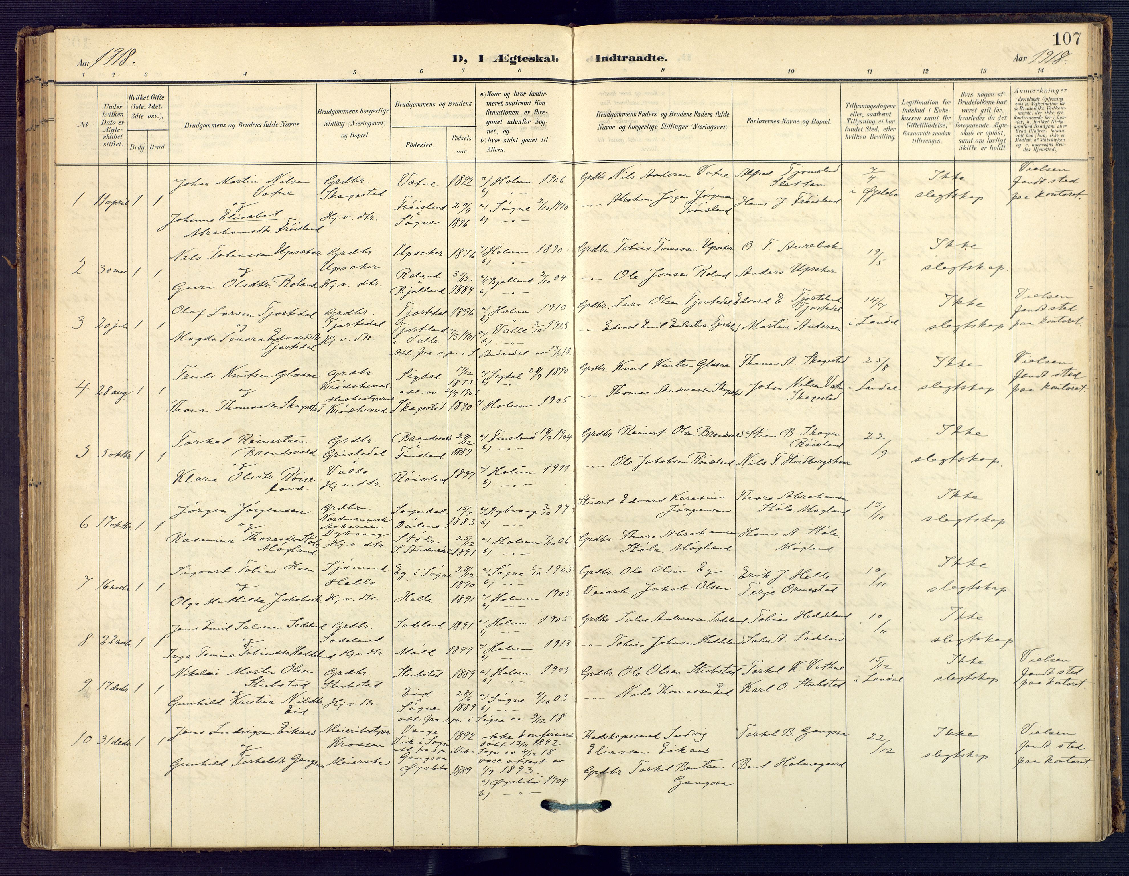 Holum sokneprestkontor, SAK/1111-0022/F/Fa/Faa/L0008: Parish register (official) no. A 8, 1908-1929, p. 107