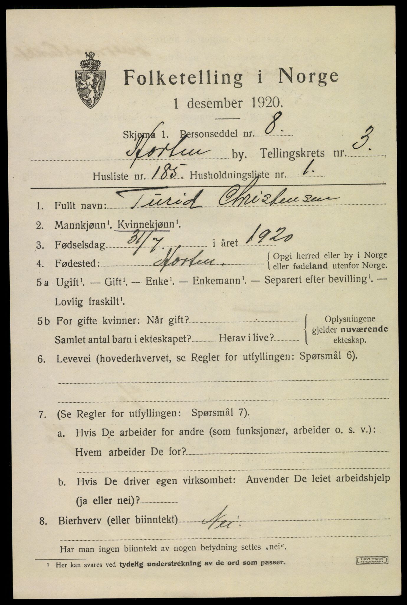 SAKO, 1920 census for Horten, 1920, p. 16013