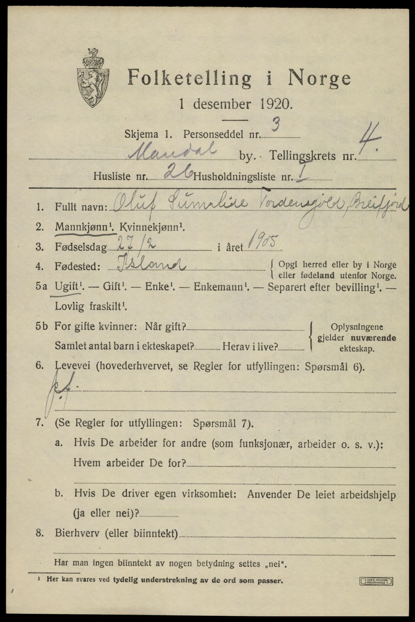 SAK, 1920 census for Mandal, 1920, p. 7271
