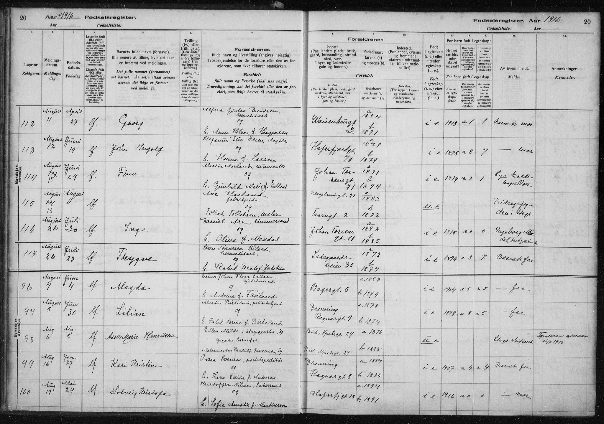 St. Petri sokneprestkontor, AV/SAST-A-101813/002/A/L0001: Birth register no. 1, 1916-1922, p. 20