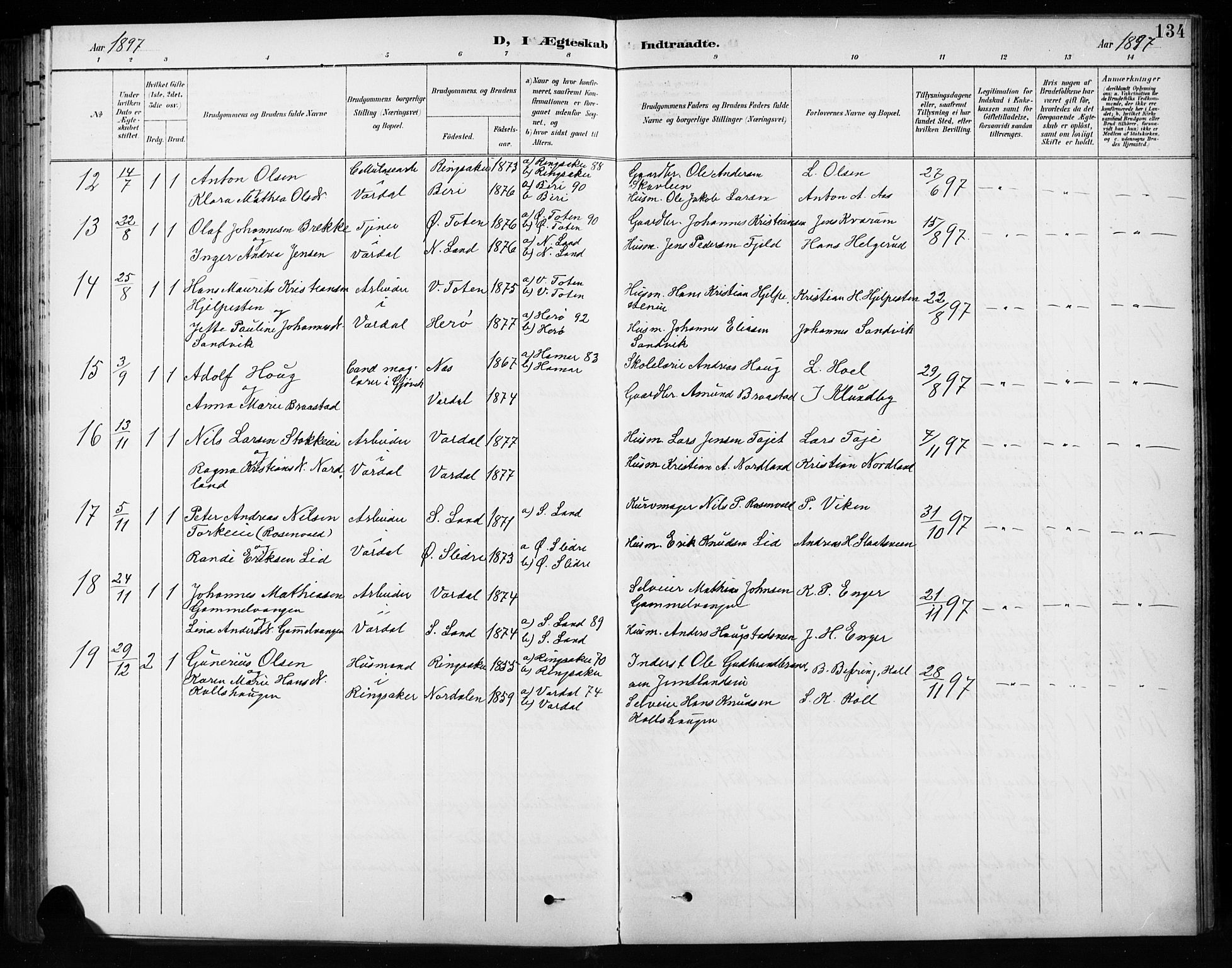 Vardal prestekontor, SAH/PREST-100/H/Ha/Hab/L0010: Parish register (copy) no. 10, 1895-1903, p. 134