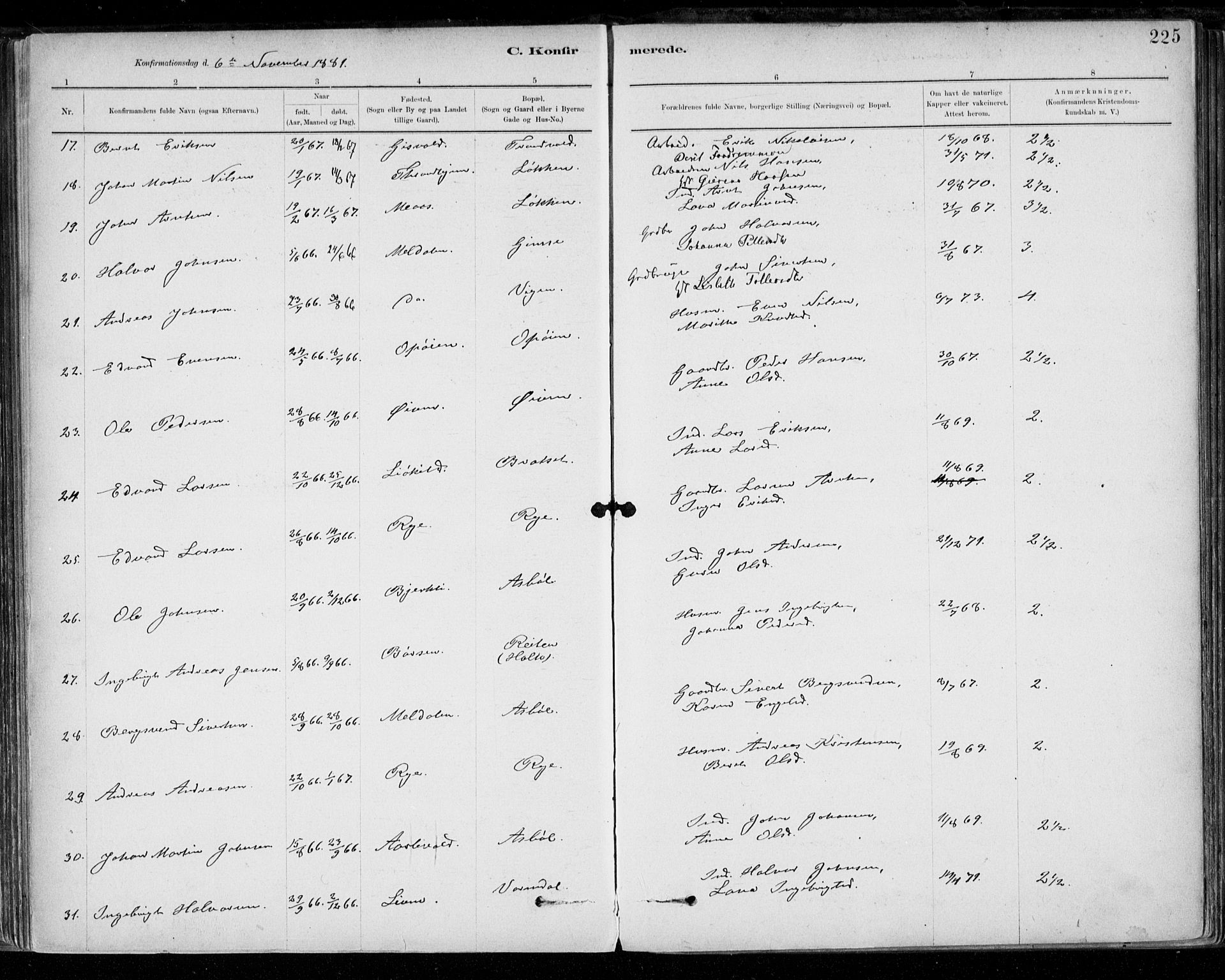 Ministerialprotokoller, klokkerbøker og fødselsregistre - Sør-Trøndelag, AV/SAT-A-1456/668/L0809: Parish register (official) no. 668A09, 1881-1895, p. 225