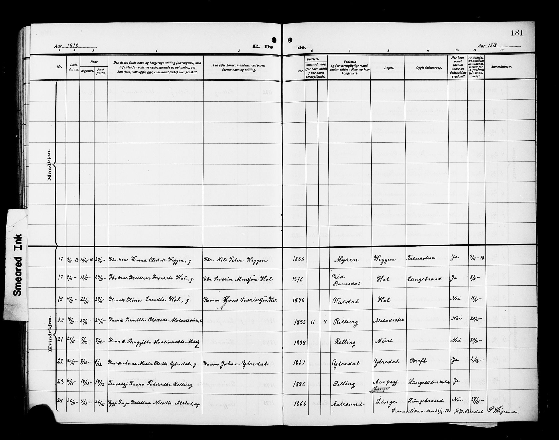 Ministerialprotokoller, klokkerbøker og fødselsregistre - Møre og Romsdal, SAT/A-1454/519/L0265: Parish register (copy) no. 519C06, 1911-1921, p. 181