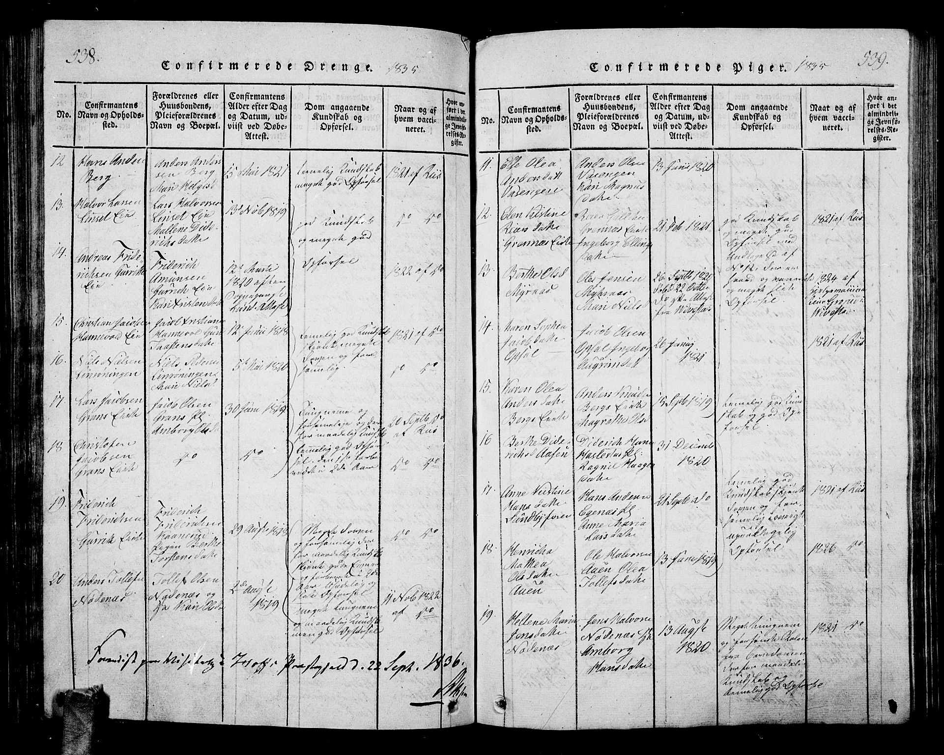 Hof kirkebøker, AV/SAKO-A-64/G/Ga/L0001: Parish register (copy) no. I 1, 1814-1844, p. 538-539