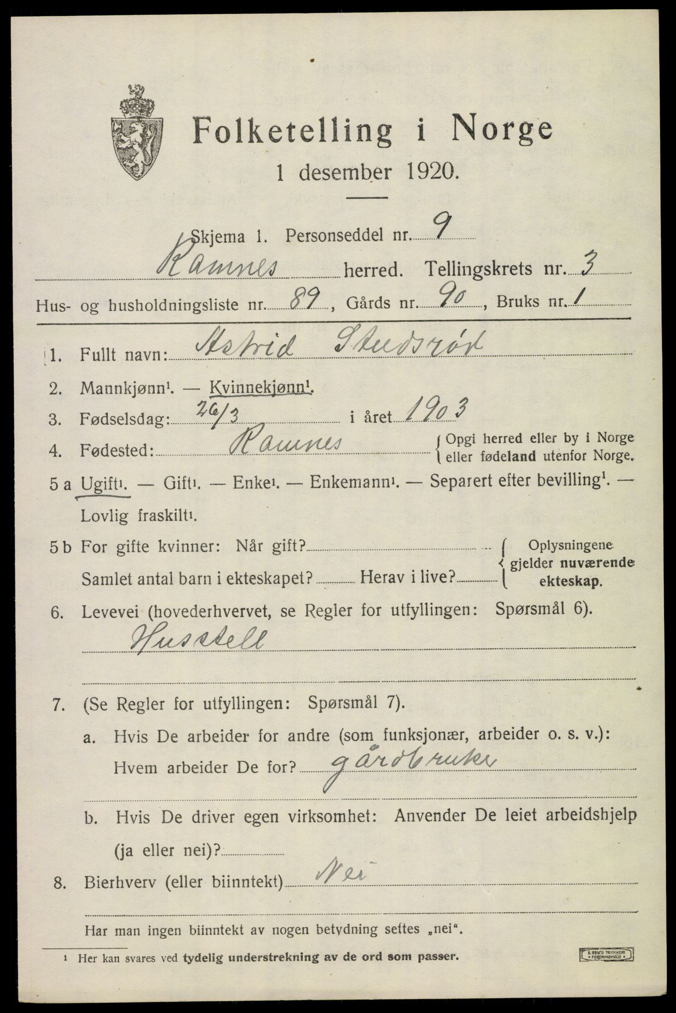 SAKO, 1920 census for Ramnes, 1920, p. 4280