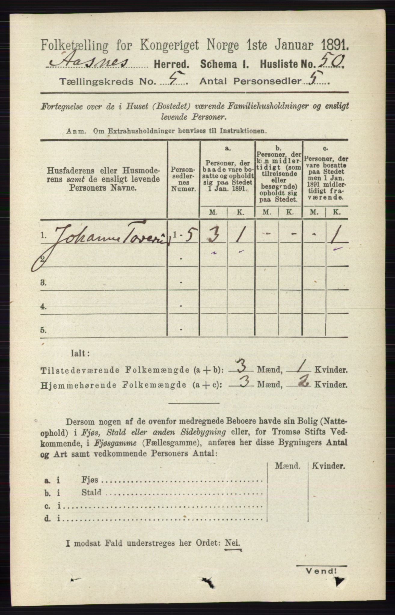 RA, 1891 census for 0425 Åsnes, 1891, p. 2426