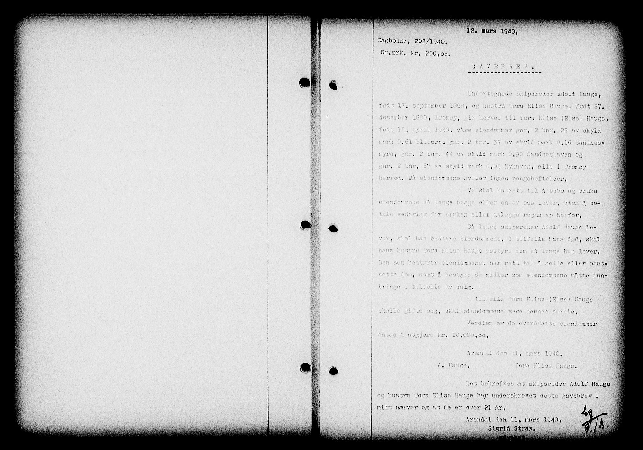 Nedenes sorenskriveri, SAK/1221-0006/G/Gb/Gba/L0047: Mortgage book no. A-I, 1939-1940, Diary no: : 202/1940