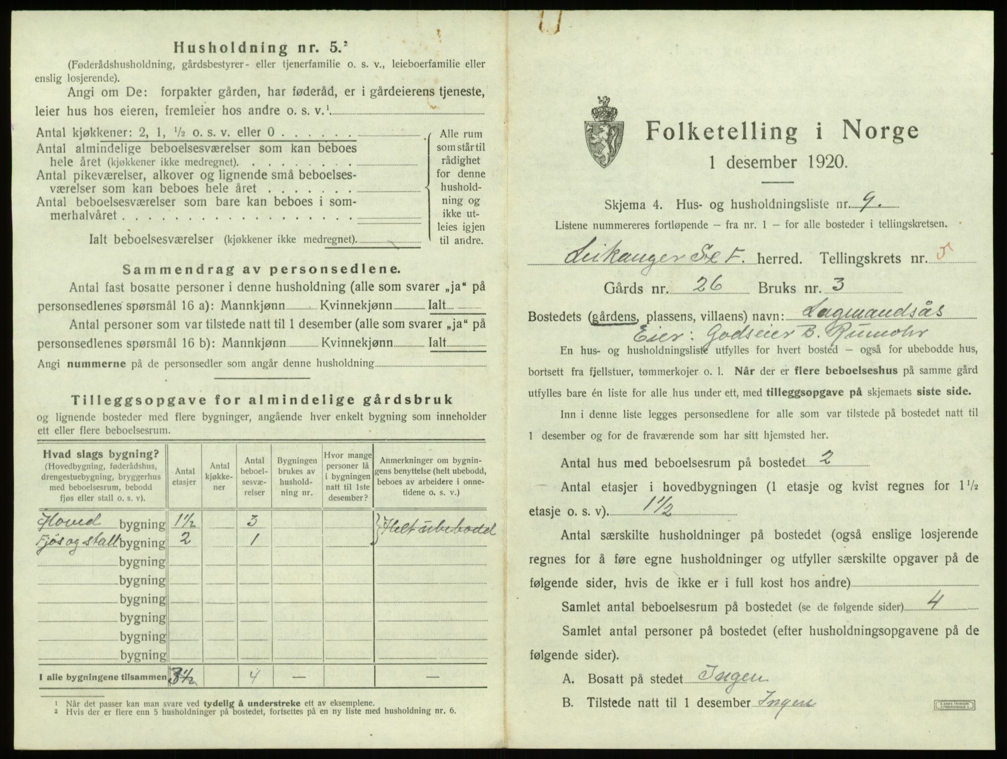 SAB, 1920 census for Leikanger, 1920, p. 538