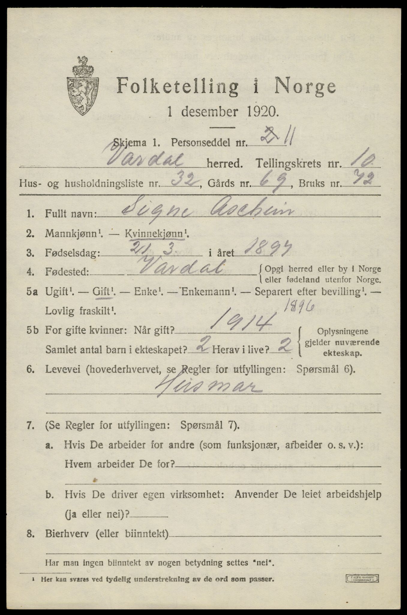 SAH, 1920 census for Vardal, 1920, p. 9025