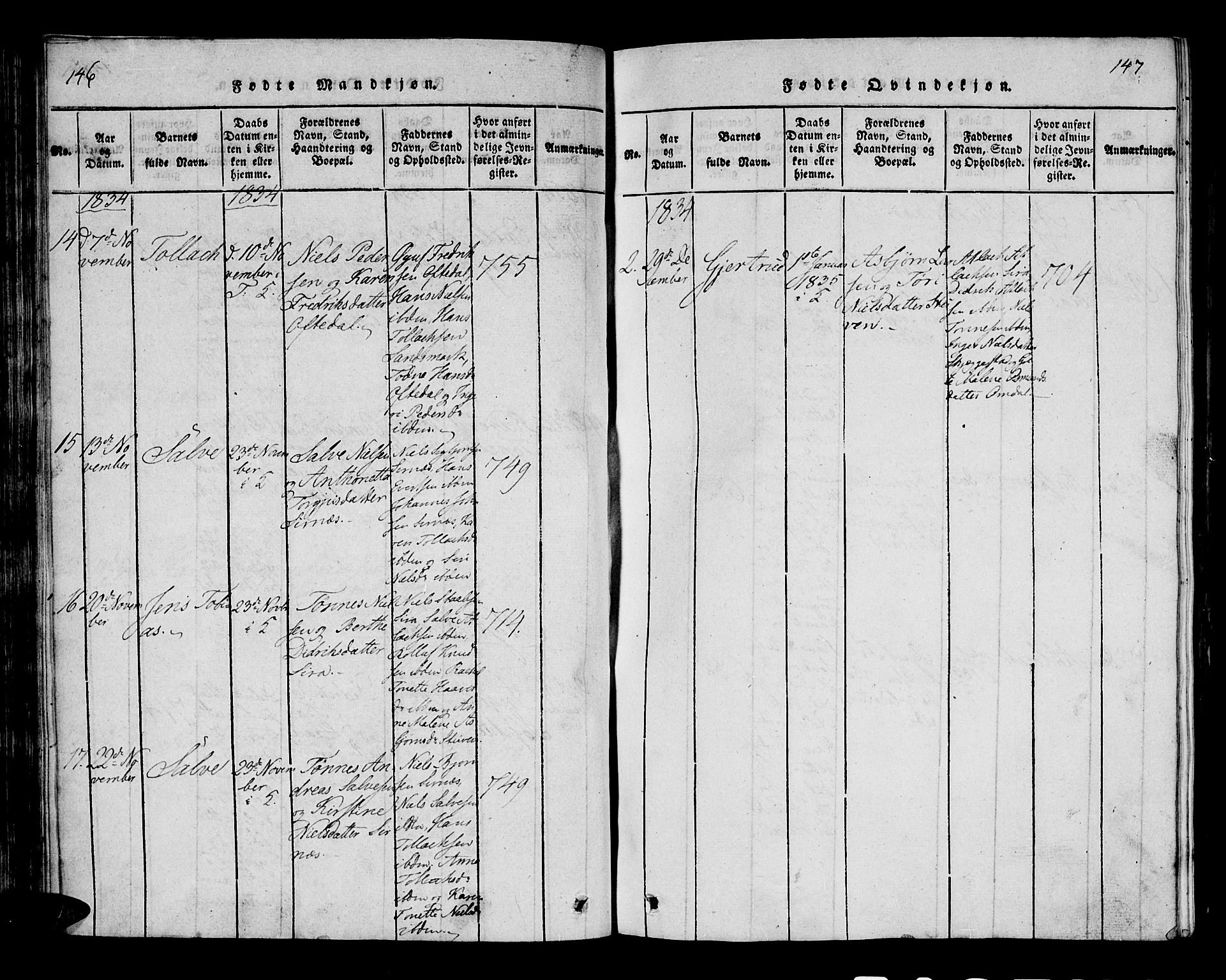 Bakke sokneprestkontor, SAK/1111-0002/F/Fa/Faa/L0003: Parish register (official) no. A 3, 1815-1835, p. 146-147