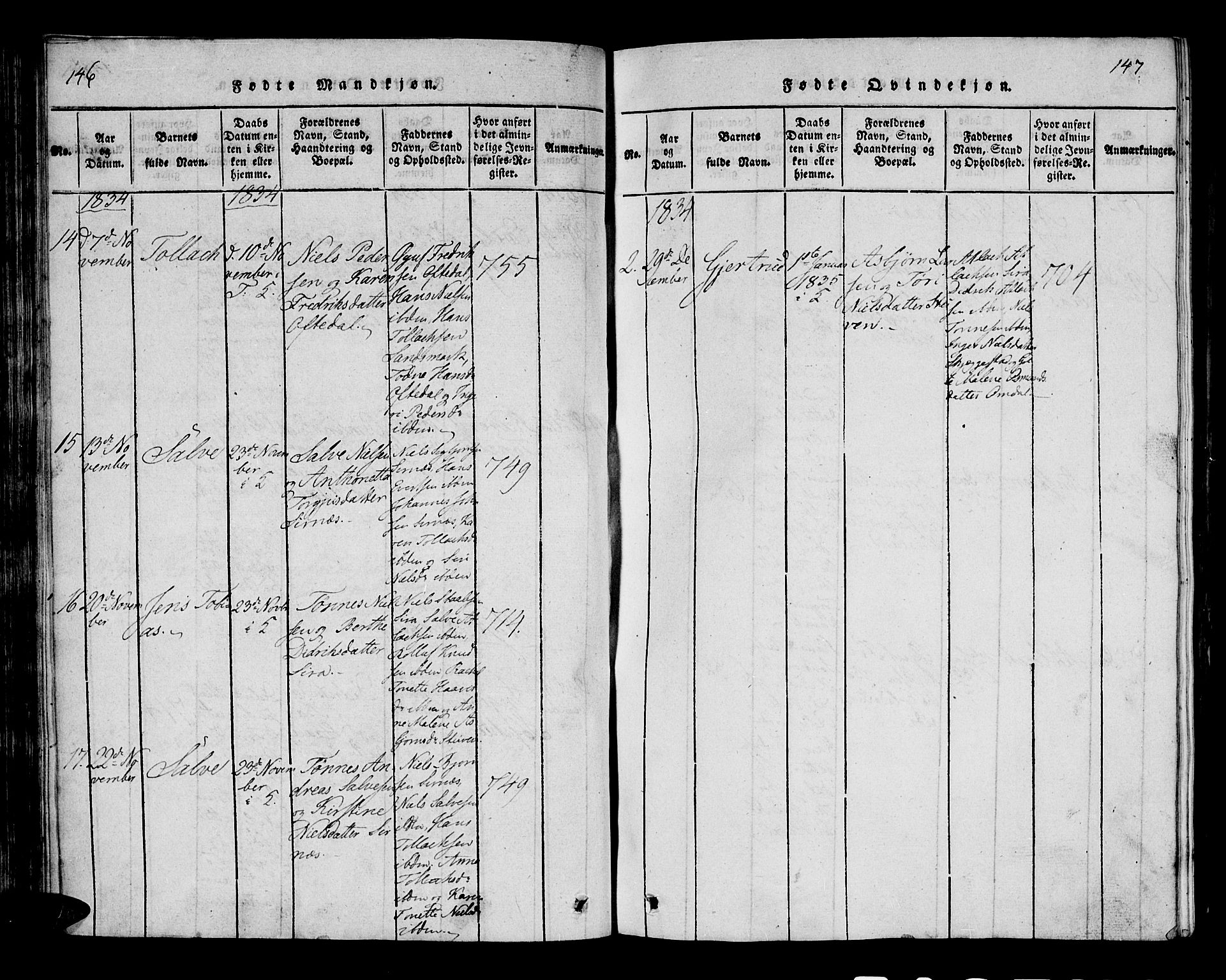 Bakke sokneprestkontor, AV/SAK-1111-0002/F/Fa/Faa/L0003: Parish register (official) no. A 3, 1815-1835, p. 146-147