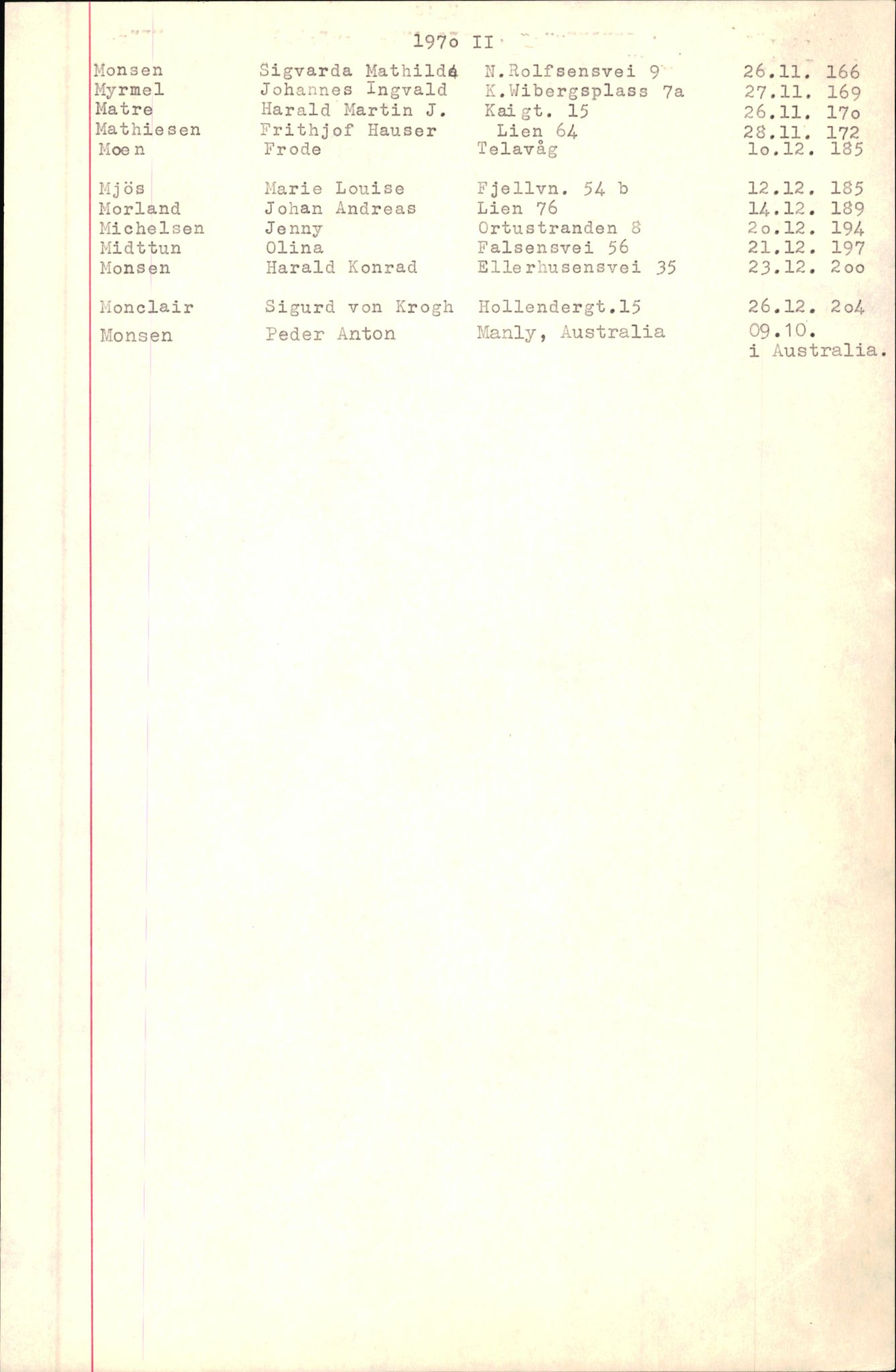 Byfogd og Byskriver i Bergen, SAB/A-3401/06/06Nb/L0009: Register til dødsfalljournaler, 1970-1972, p. 85