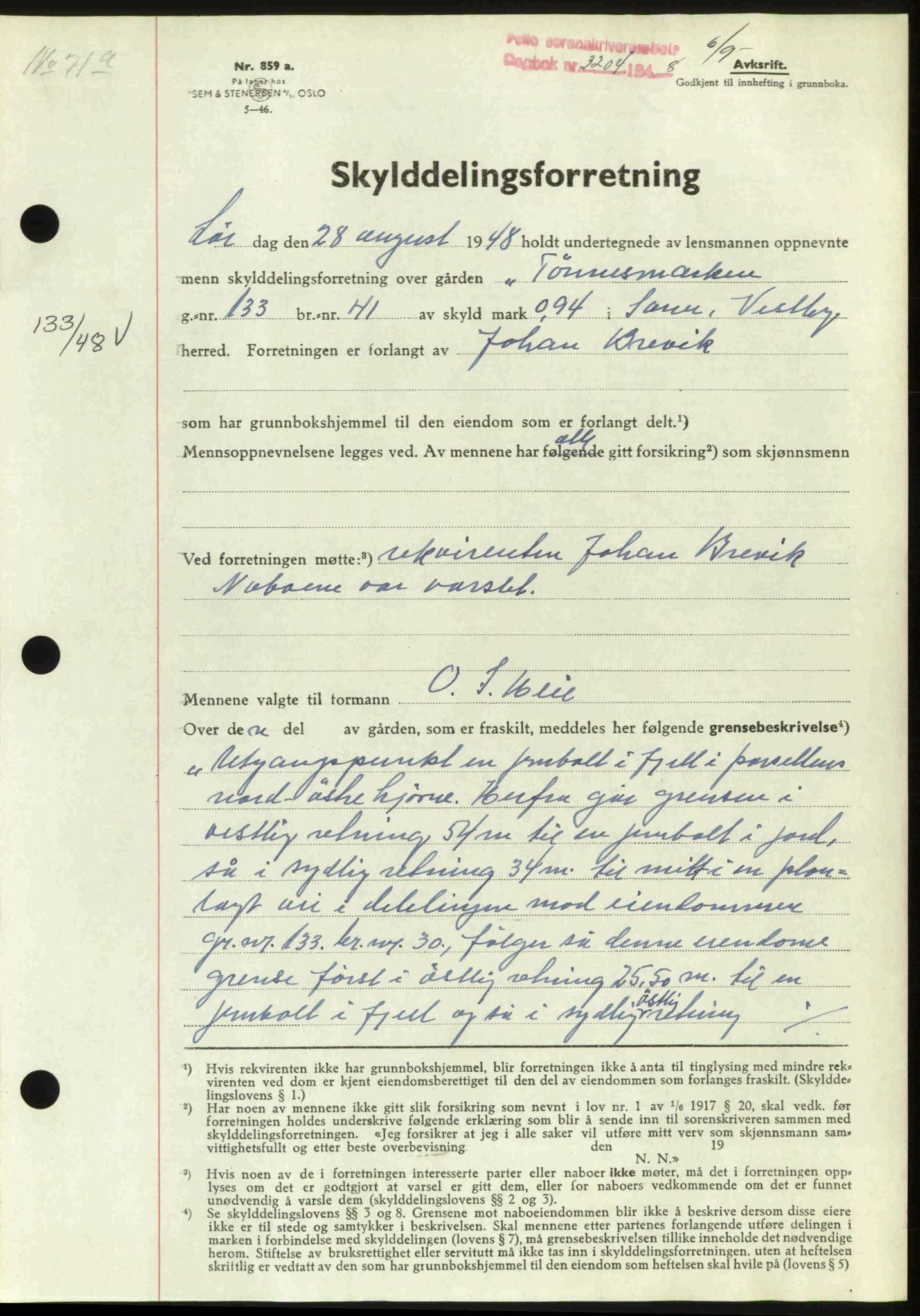 Follo sorenskriveri, SAO/A-10274/G/Ga/Gaa/L0085: Mortgage book no. I 85, 1948-1948, Diary no: : 3204/1948