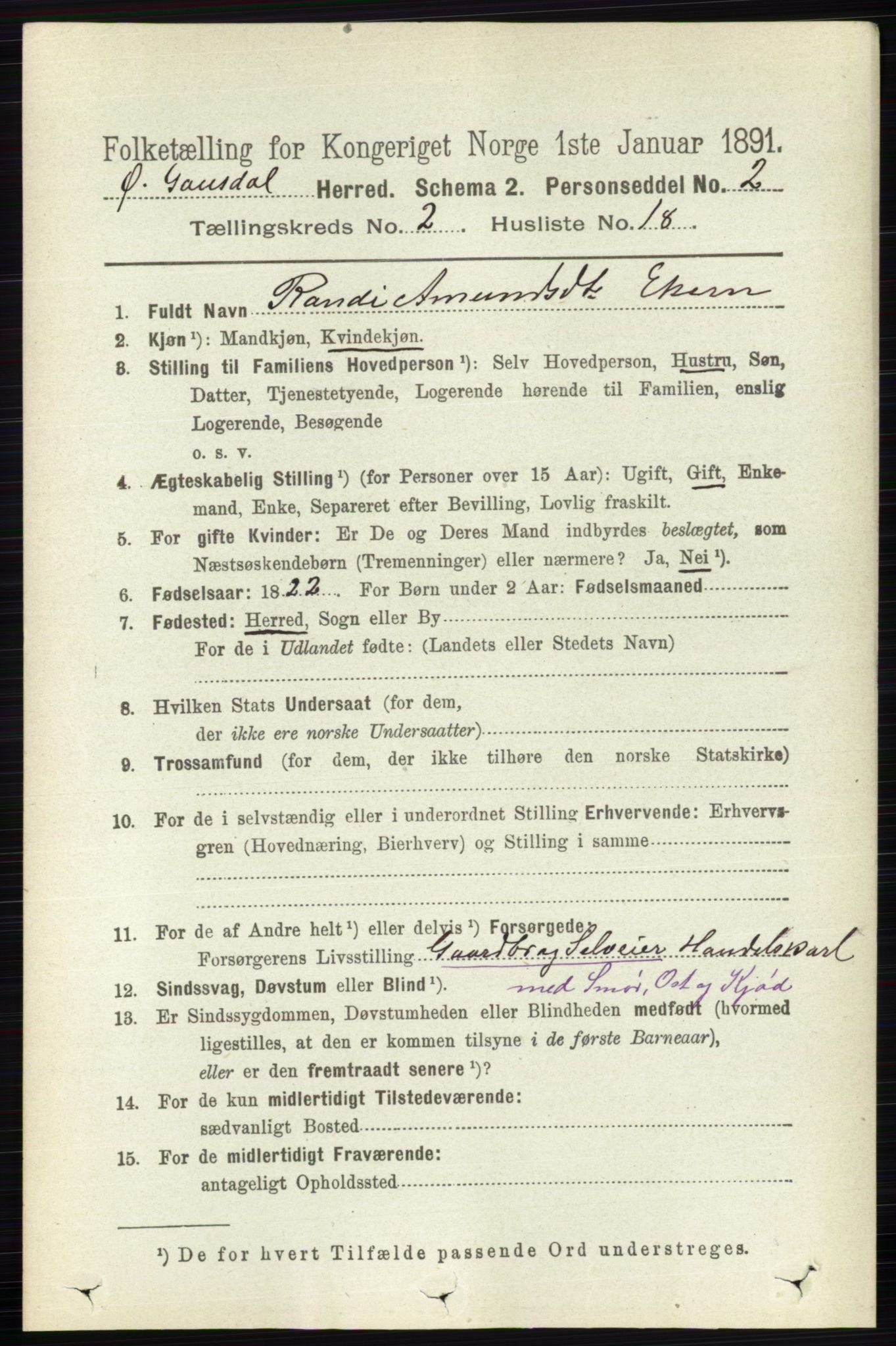 RA, 1891 census for 0522 Østre Gausdal, 1891, p. 1315