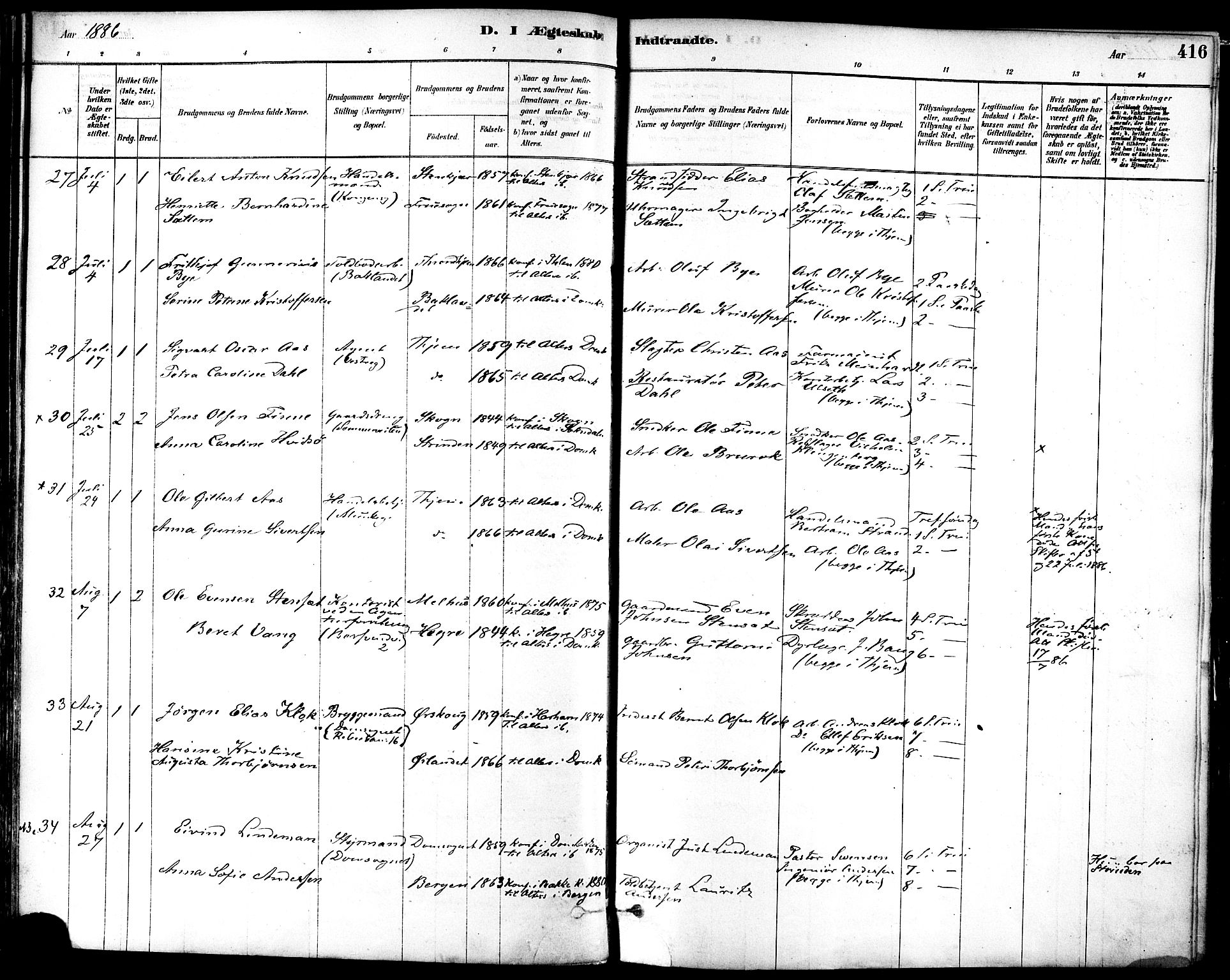 Ministerialprotokoller, klokkerbøker og fødselsregistre - Sør-Trøndelag, SAT/A-1456/601/L0058: Parish register (official) no. 601A26, 1877-1891, p. 416