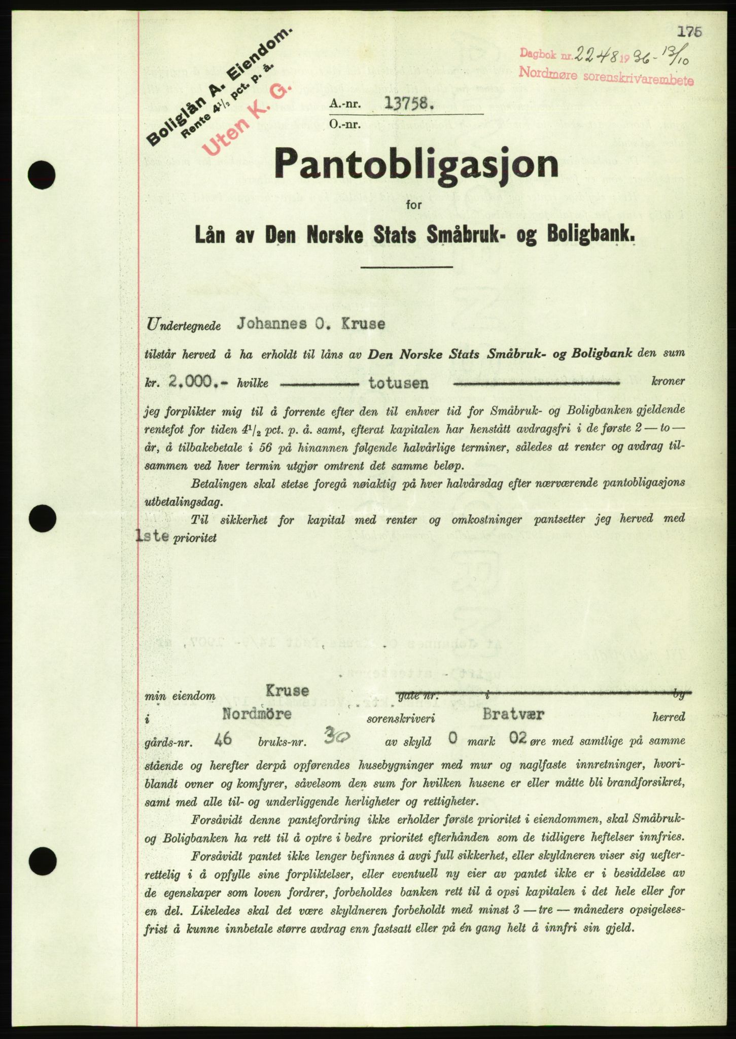 Nordmøre sorenskriveri, AV/SAT-A-4132/1/2/2Ca/L0090: Mortgage book no. B80, 1936-1937, Diary no: : 2248/1936