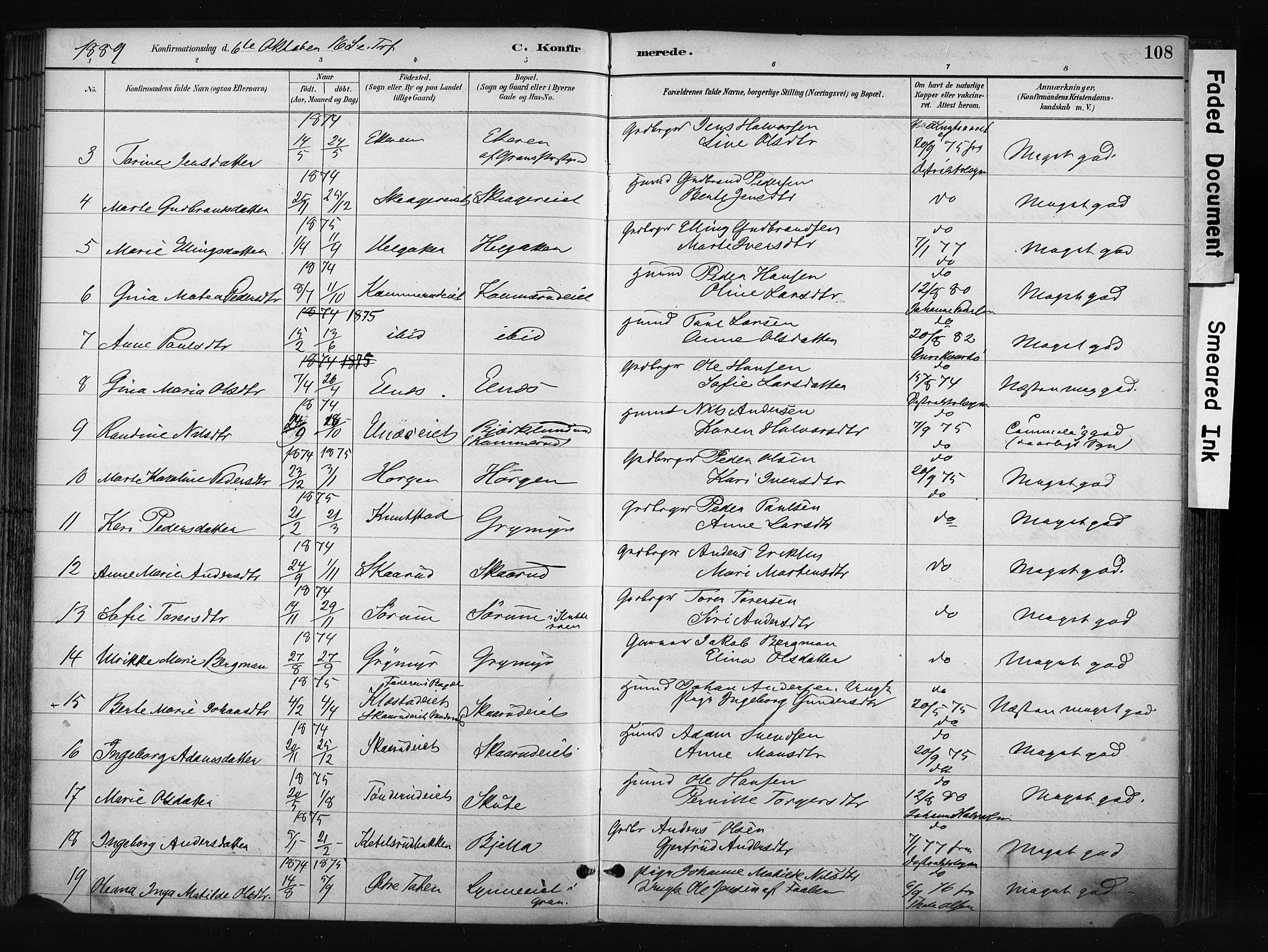 Gran prestekontor, AV/SAH-PREST-112/H/Ha/Haa/L0017: Parish register (official) no. 17, 1889-1897, p. 108